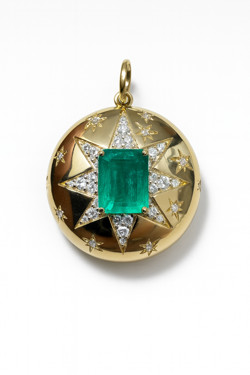 2.37tcw 14K Stunning Emerald & Diamond Celestial Dome Star Burst Pendant Necklace