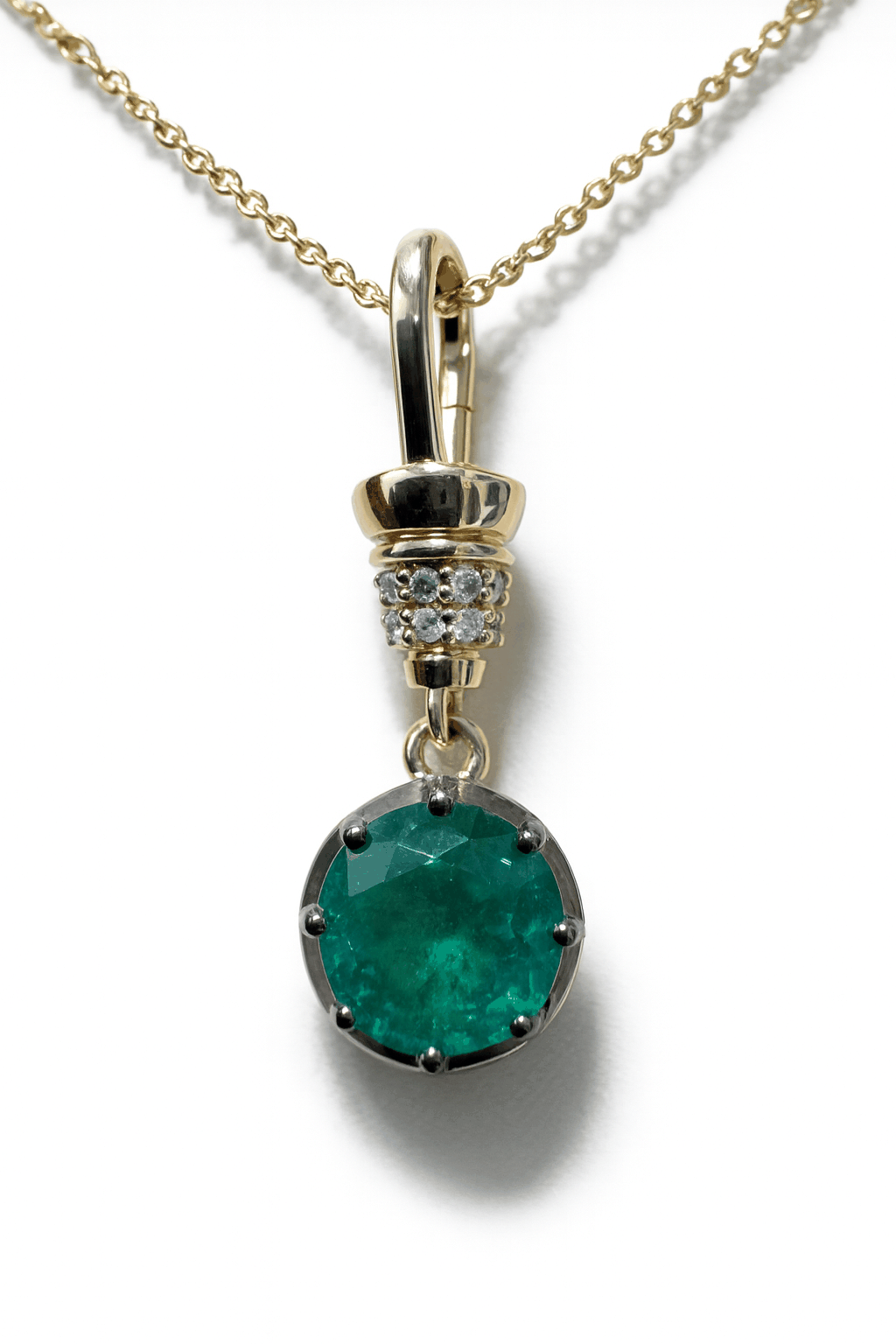 2.21tcw 14K yellow gold natural round cut emerald pendant necklace with diamond accents