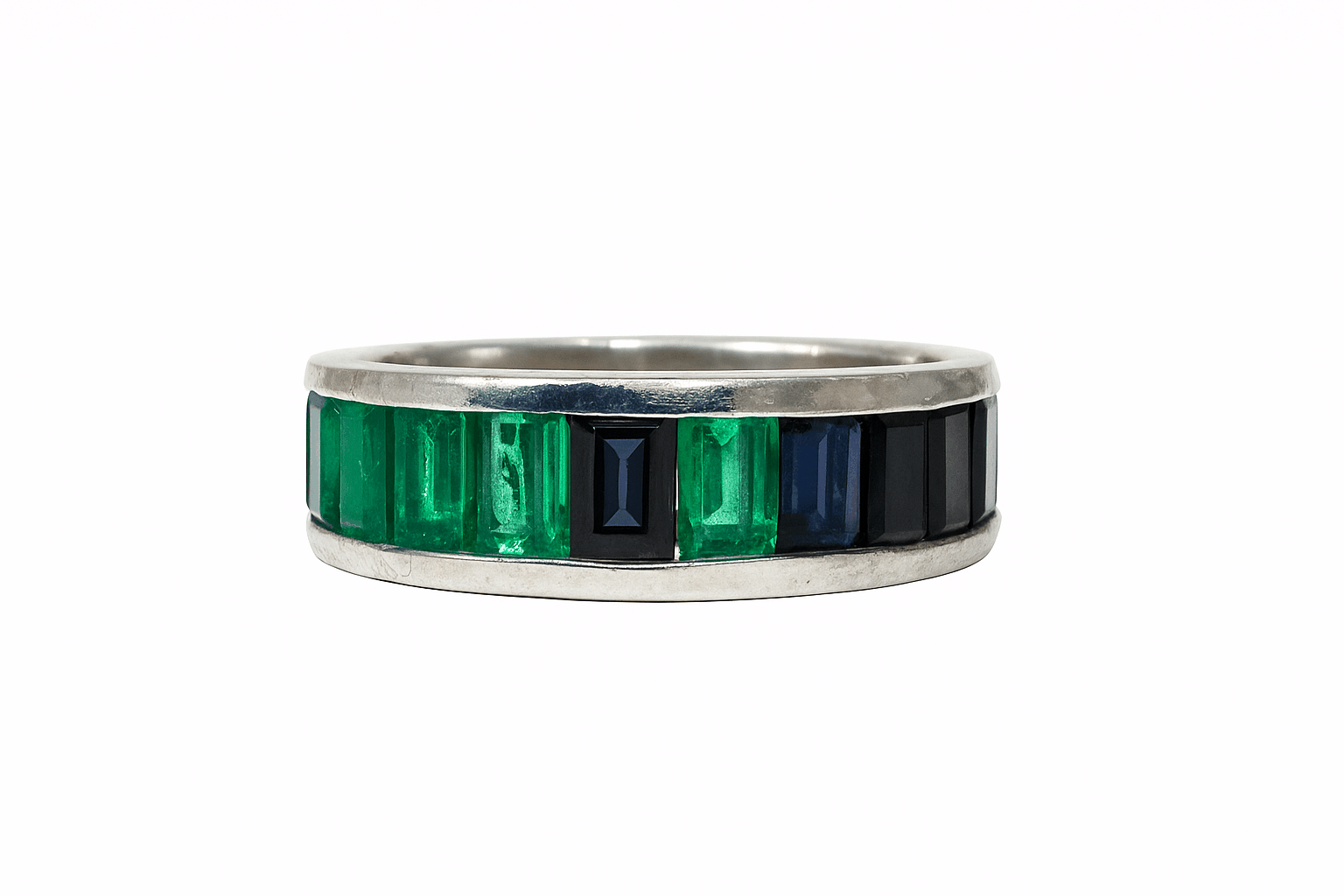 Platinum AAA+ baguette cut eternity band with Colombian emerald and blue sapphire stones size 7
