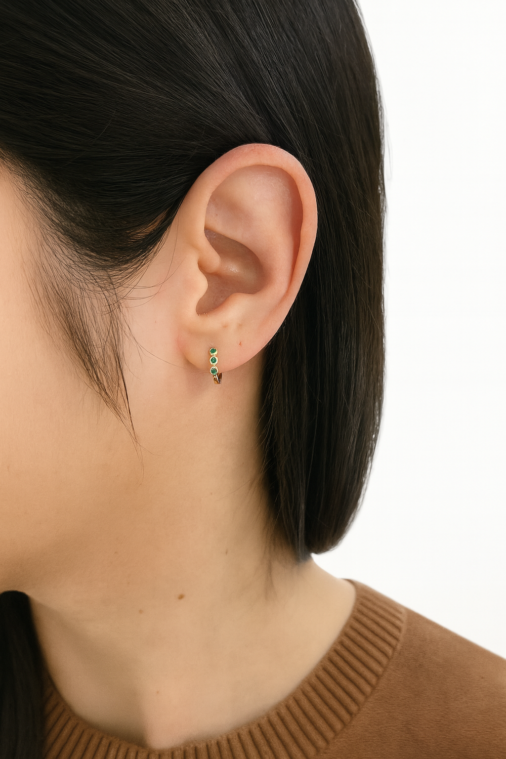 Mini Bezel Set Emerald Huggie Hoop Earrings 14K - JR Colombian Emeralds
