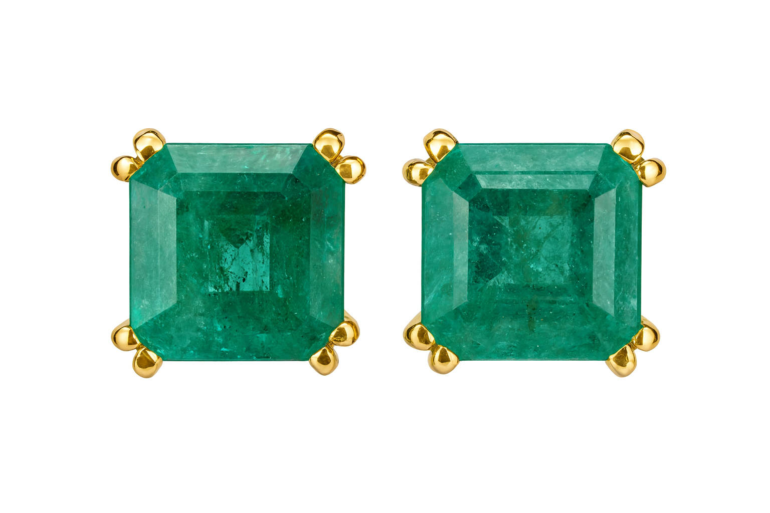 6.70tcw 8x8 Asscher Cut Natural Emerald Double Prong Stud Earrings 18K