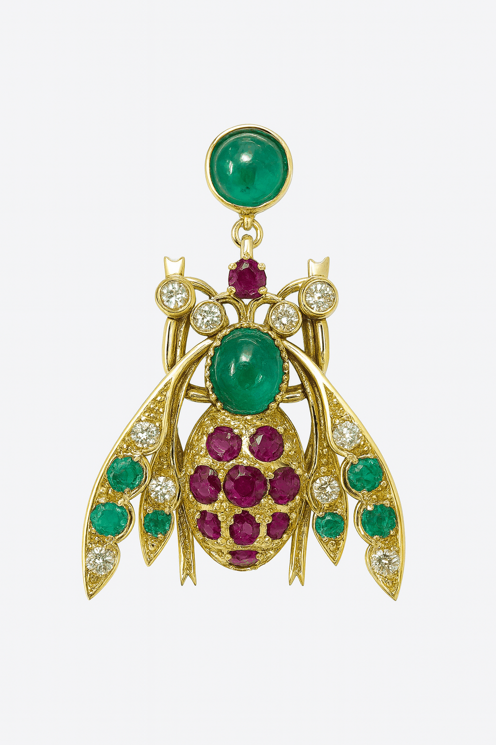 4.14tcw emerald ruby diamond bee insect pendant in 14K gold with cabochon emeralds and round rubies