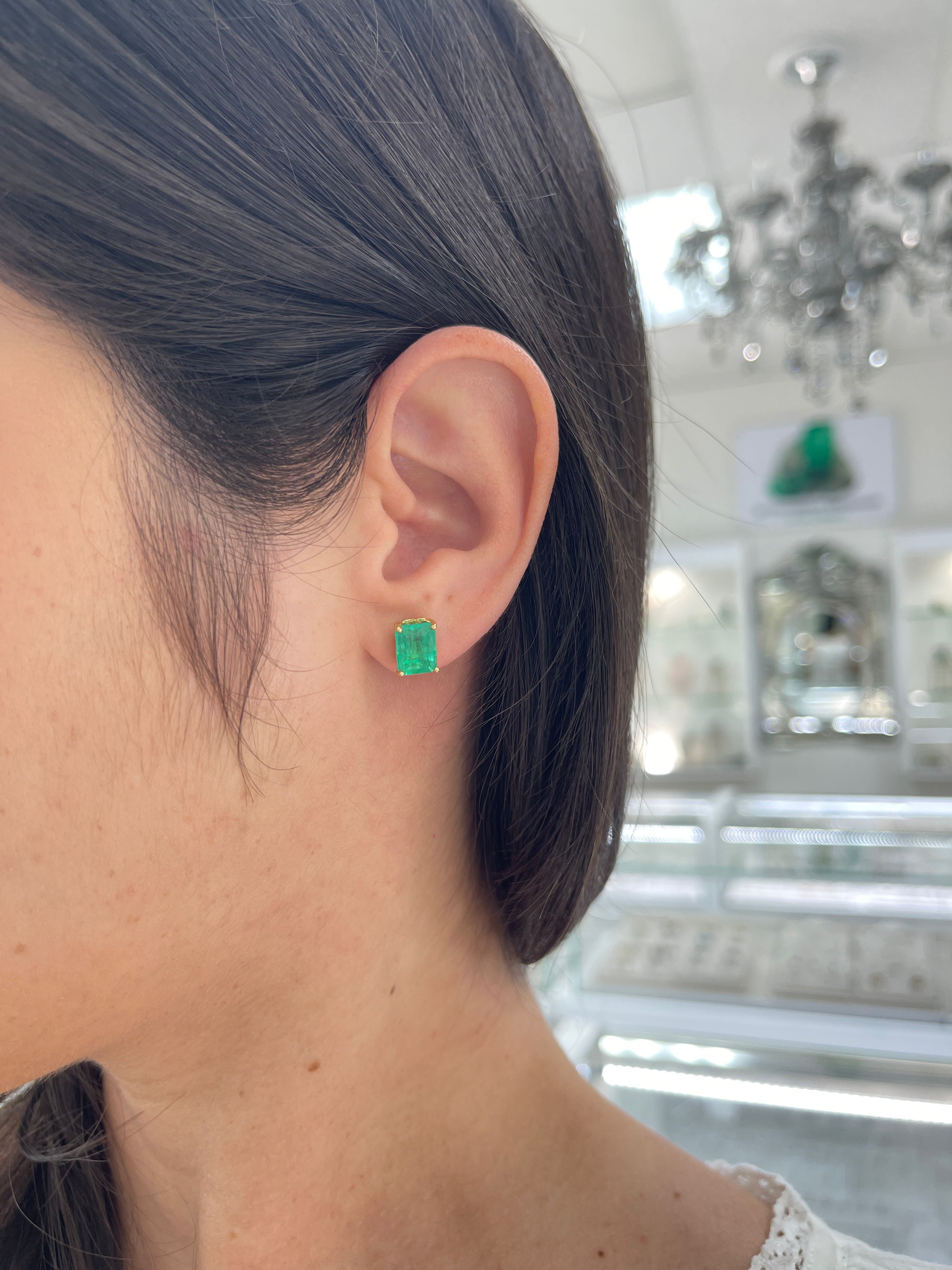 4.69tcw Fleur De Lis Emerald Cut Colombian Emerald Stud Earrings 18K - JR Colombian Emeralds