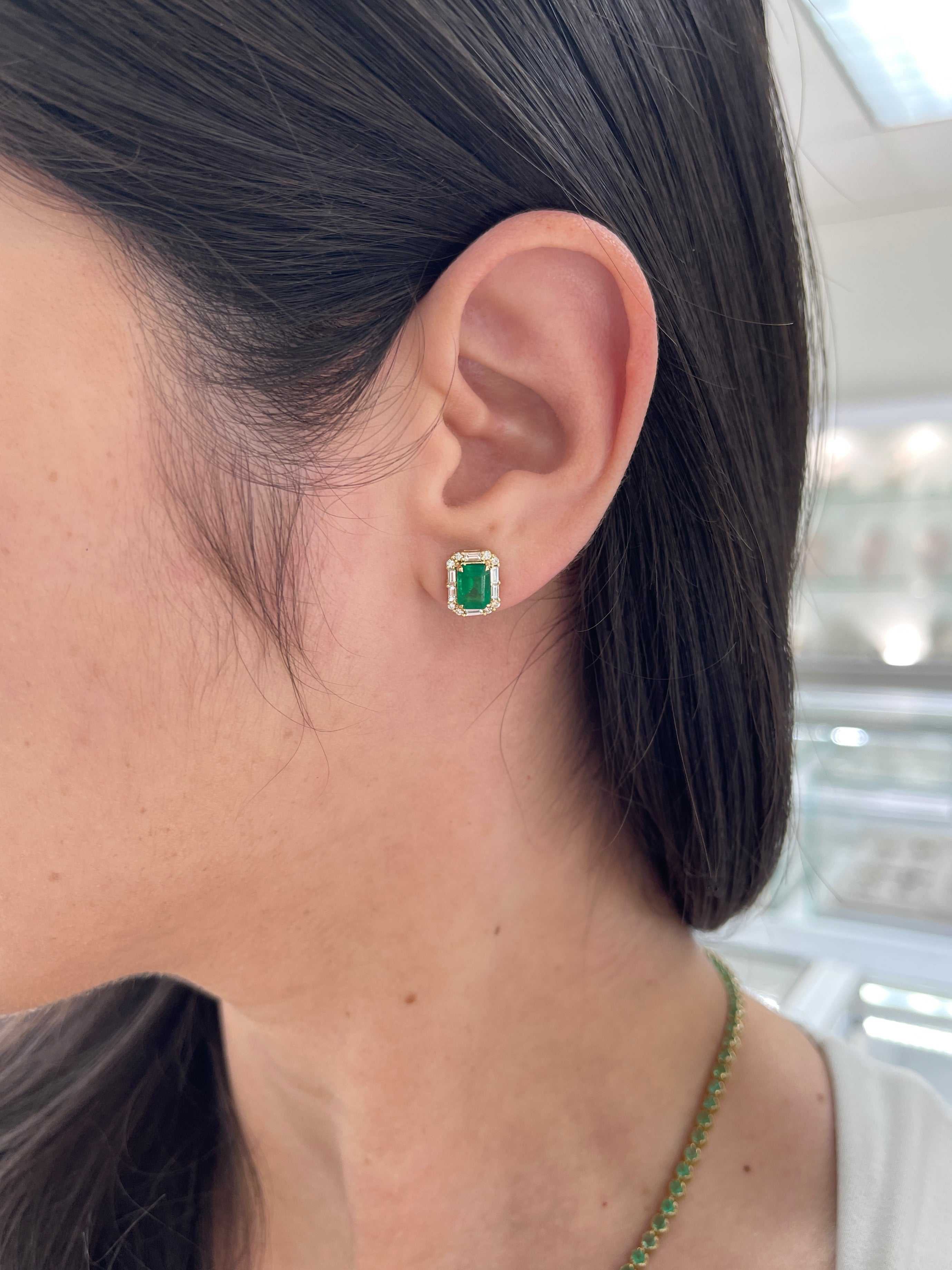 2.36tcw 18K Rich Green Emerald & Baguette Diamond Halo Stud Earrings - JR Colombian Emeralds