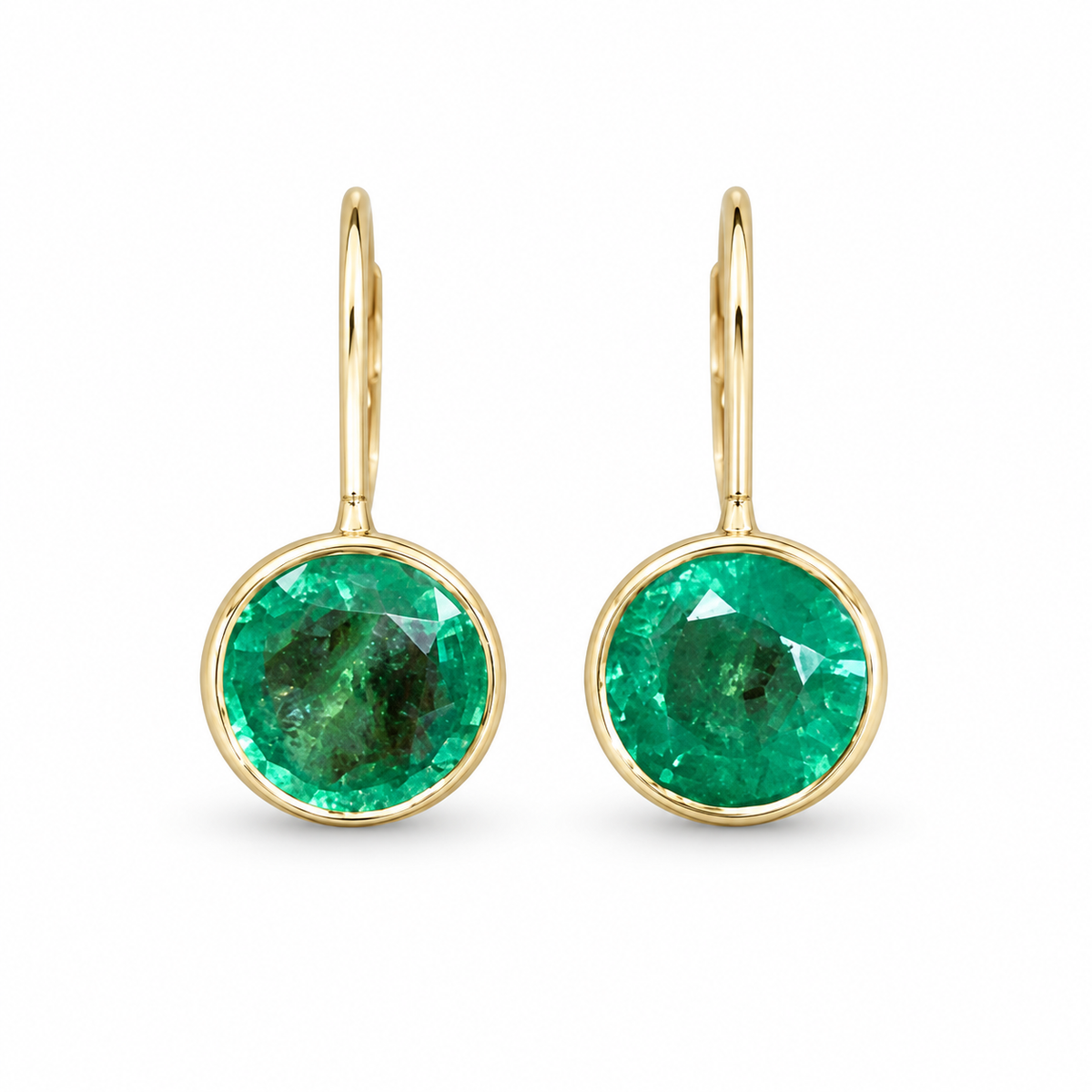 Delicate 2.30tcw rich green round emerald bezel leverback dangle earrings in 14K yellow gold by JR Colombian Emeralds
