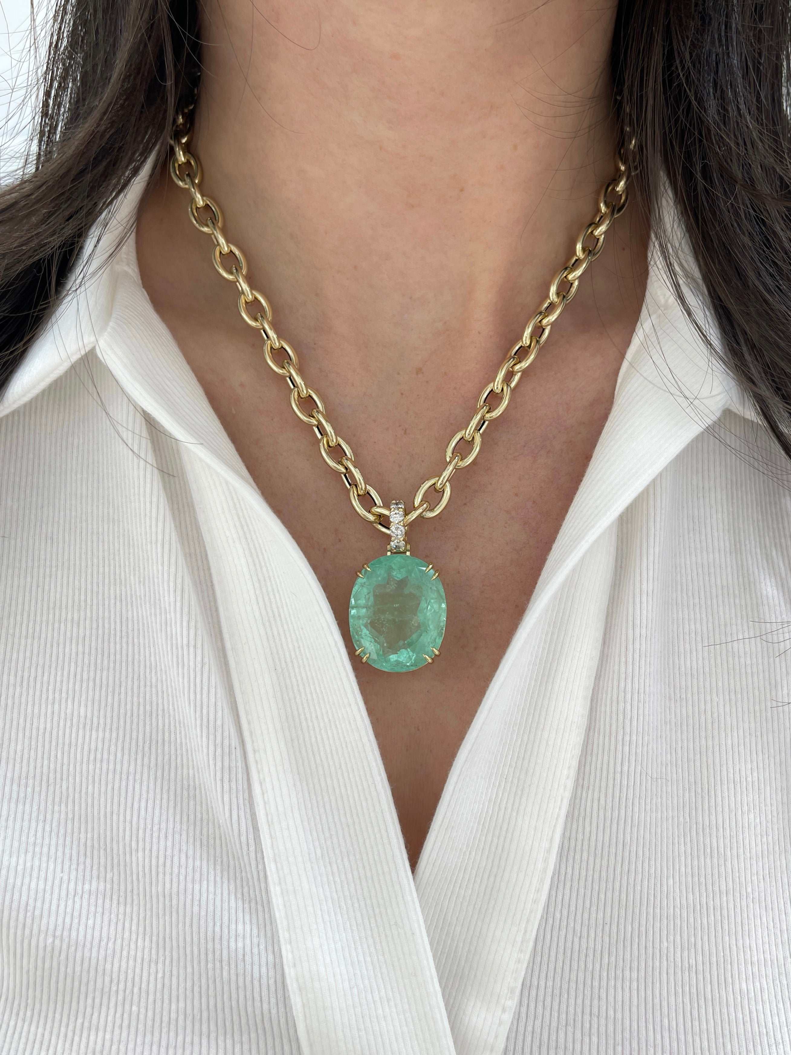 63.14 Carat Light Green Real, Natural Oval Colombian Emerald & Diamond 18K Pendant - JR Colombian Emeralds