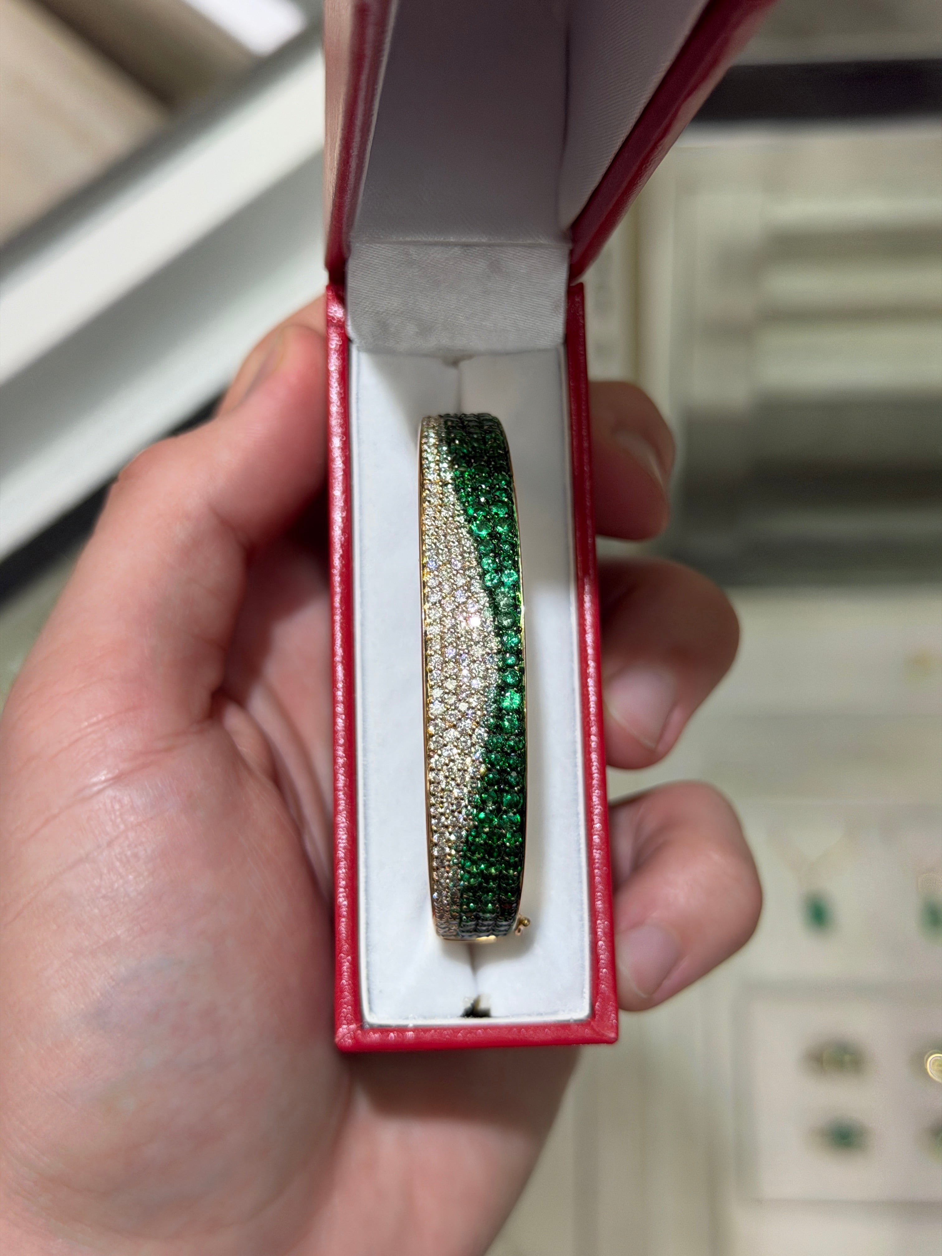 14K natural emerald and diamond ombre bangle bracelet with black and green rhodium by JR Colombian Emeralds.