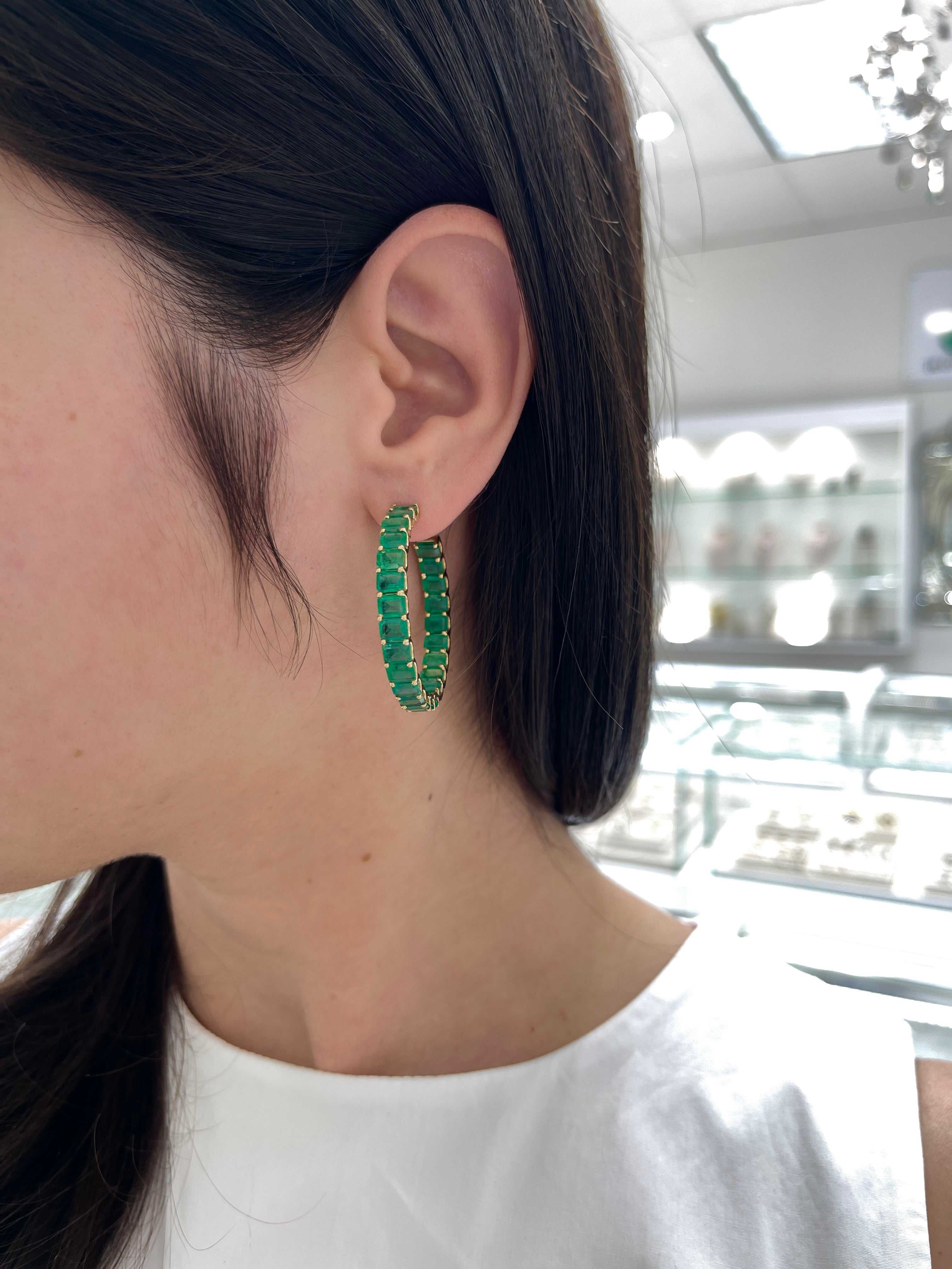 20.69ct Grand Natural Emerald Showcase East West Settings Hoop Earrings - JR Colombian Emeralds