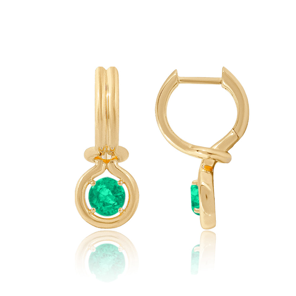 14K gold emerald huggie hoop earrings with round cut natural emeralds totaling 0.48 carats by JR Colombian Emeralds.