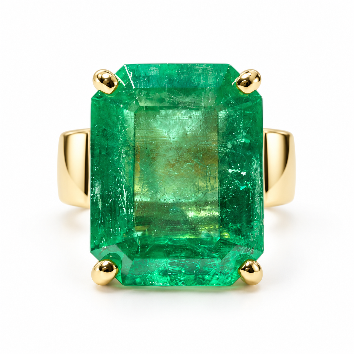 8.66ct 18K Glowing Muzo Emerald Cut Colombian Emerald 6mm Wide Band Solitaire Ring