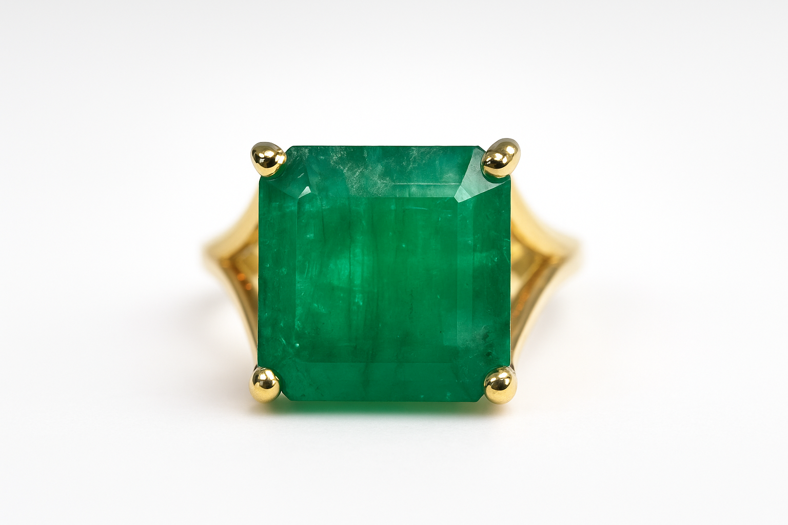 2.20ct 14K Mossy Green Asscher Cut Solitaire Split Shank Right Hand Ring - JR Colombian Emeralds