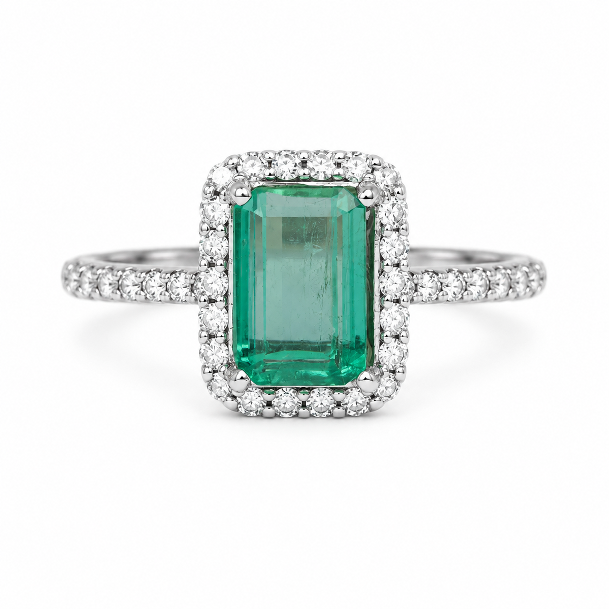 1.63tcw Sea Green Emerald Pave Diamond Halo Anniversary Ring 14K