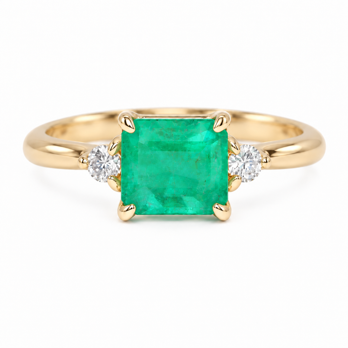 1.96tcw Three Stone Emerald & Round Diamond Ring 14K