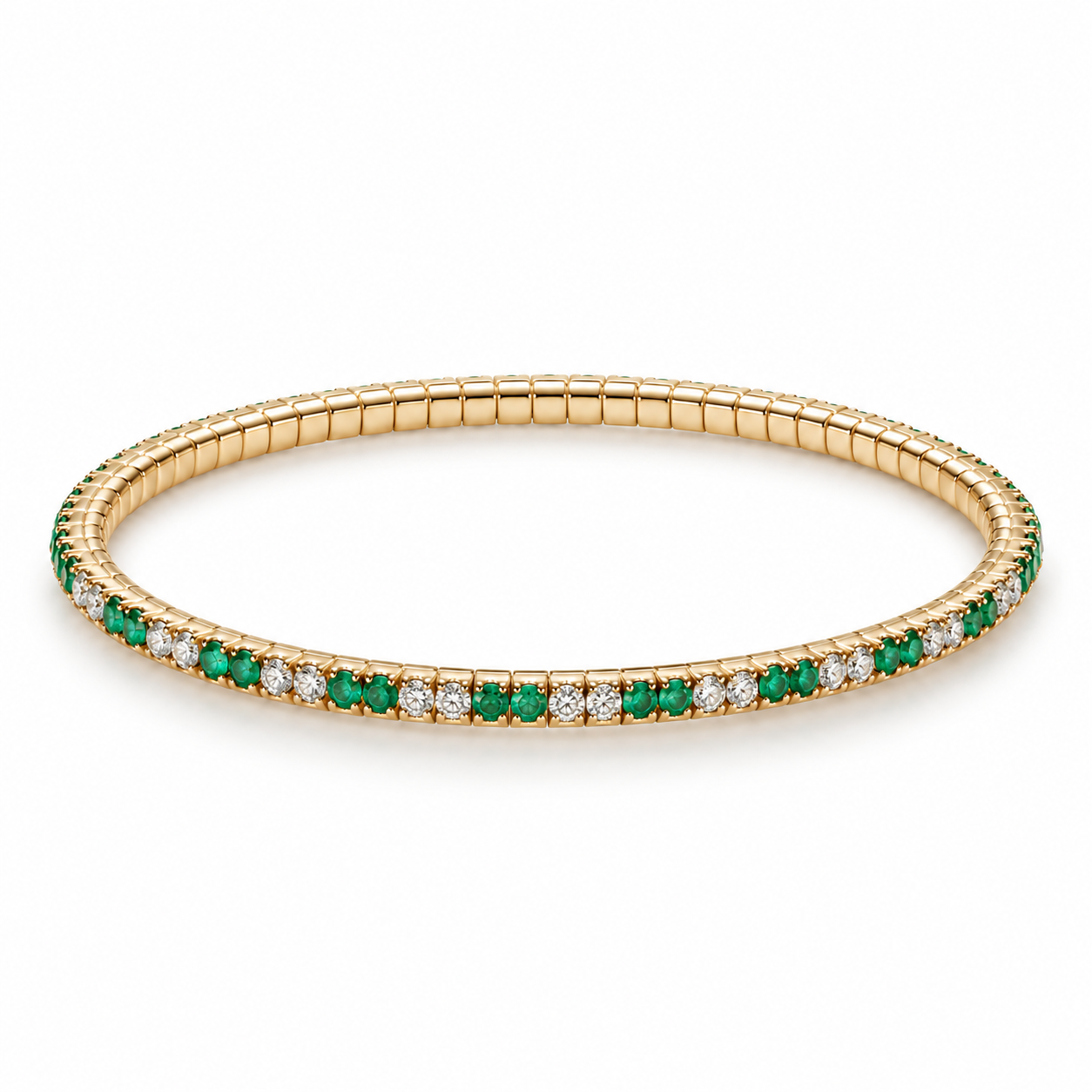 3.30tcw 14K Alternating Natural Emerald & Diamond Stretchy Tennis Bracelet Prong Set
