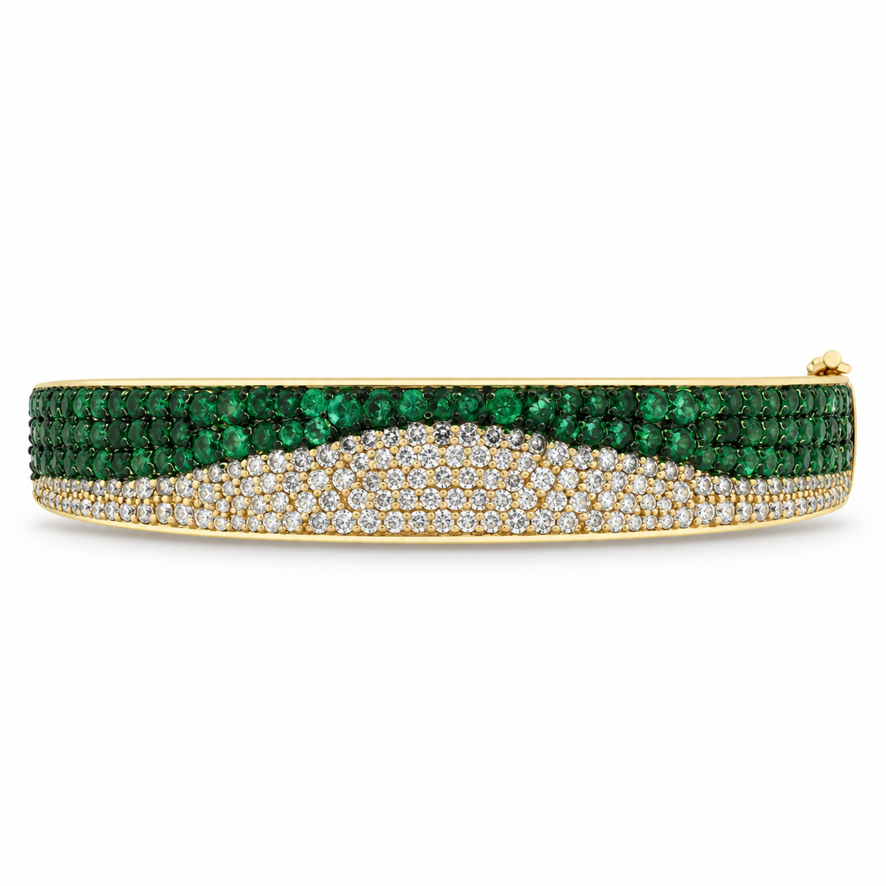 14K gold emerald and diamond ombre bangle bracelet with black and green rhodium, featuring natural emeralds and sparkling diamonds.