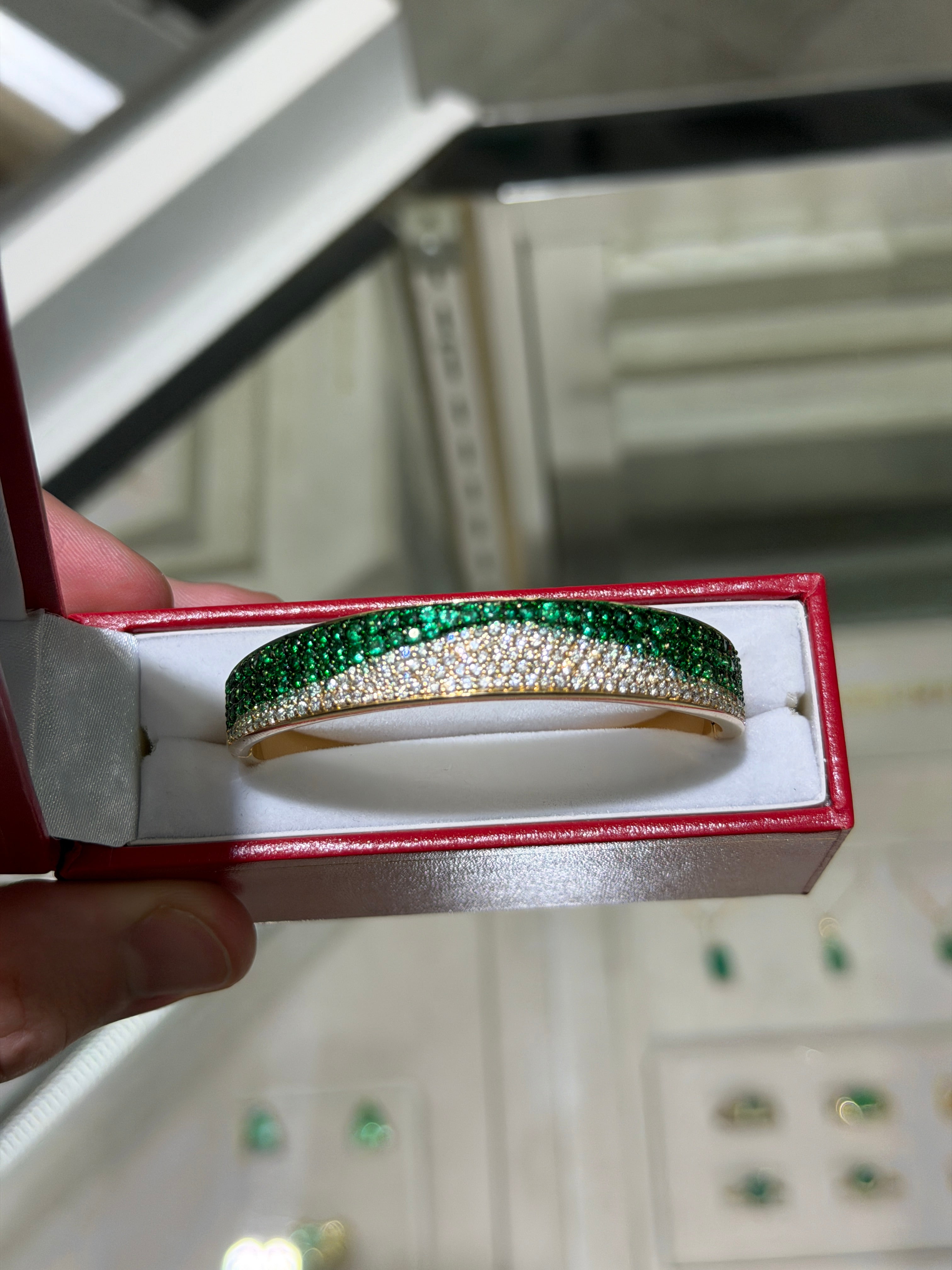 14K natural emerald and diamond ombre bangle bracelet with black and green rhodium by JR Colombian Emeralds