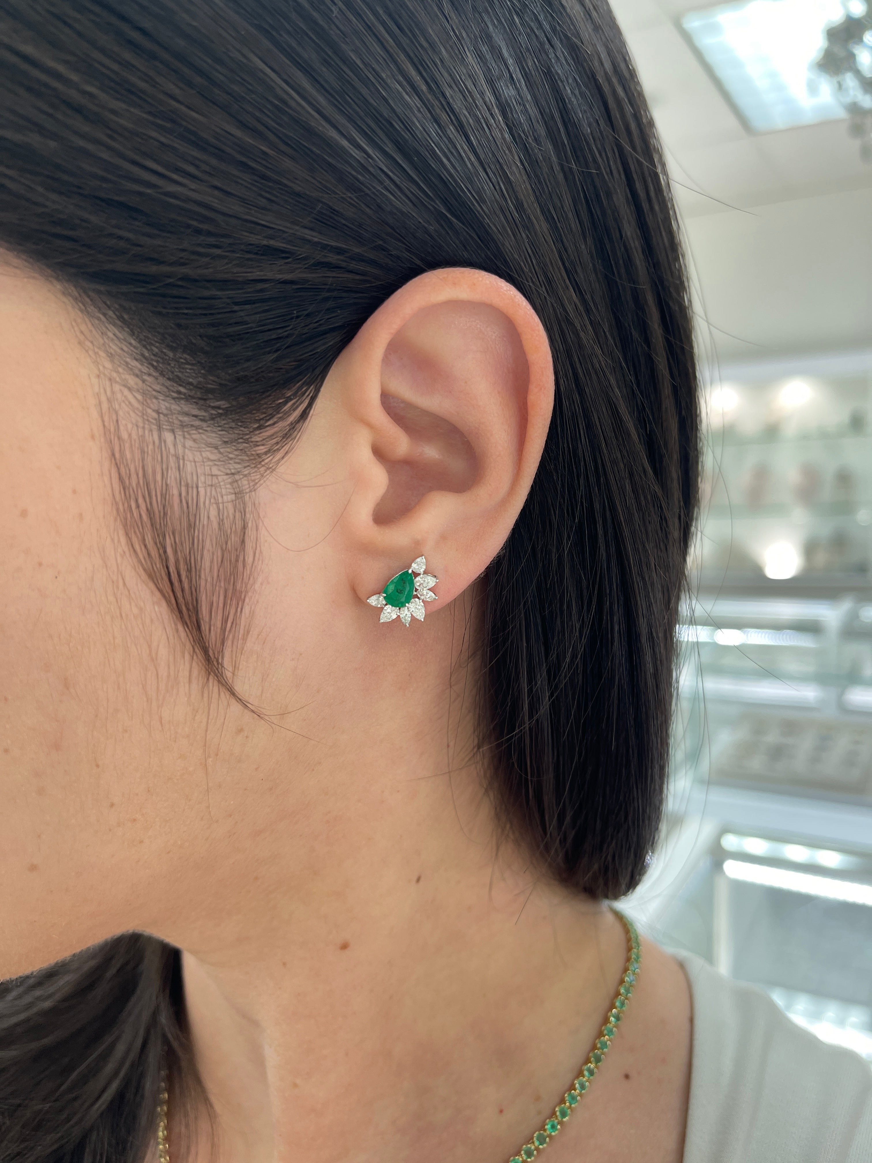 2.51tcw 18K Natural Rich Green Pear Emerald & Pear Diamond Starburst Stud Earrings - JR Colombian Emeralds