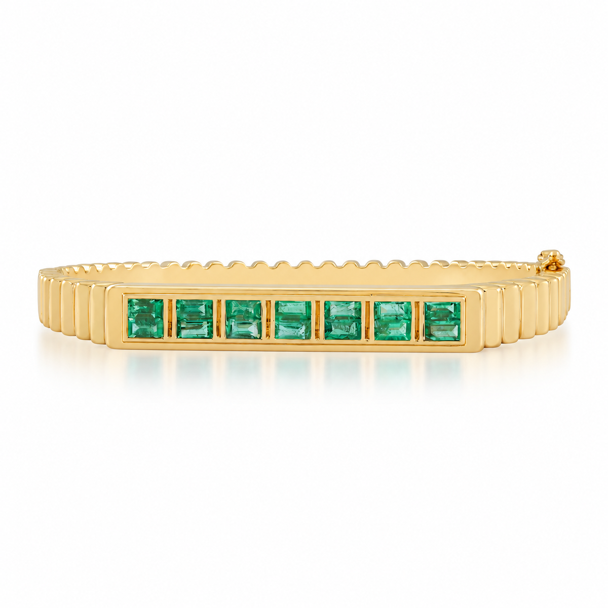 1.64tcw 14K Natural Princess Cut Emerald Bezel Set Ribbed Design Custom Bangle Bracelet