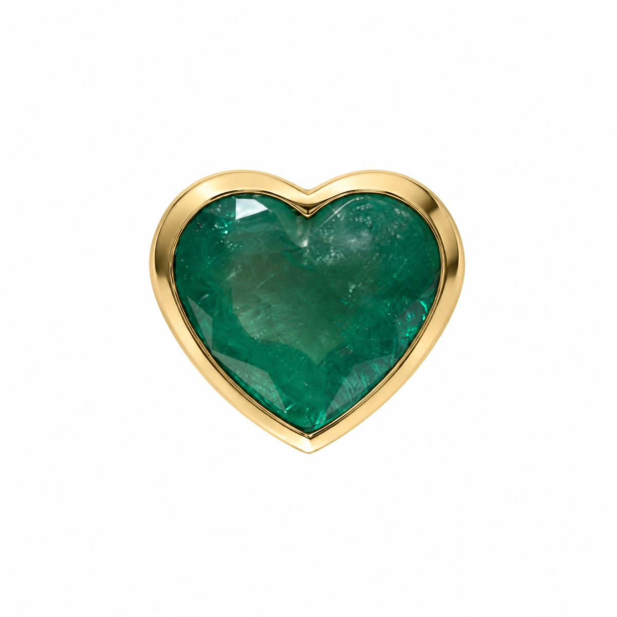 Heart-shaped 2.72ct Colombian emerald solitaire pendant with gold bezel setting, elegant jewelry by JR Colombian Emeralds.