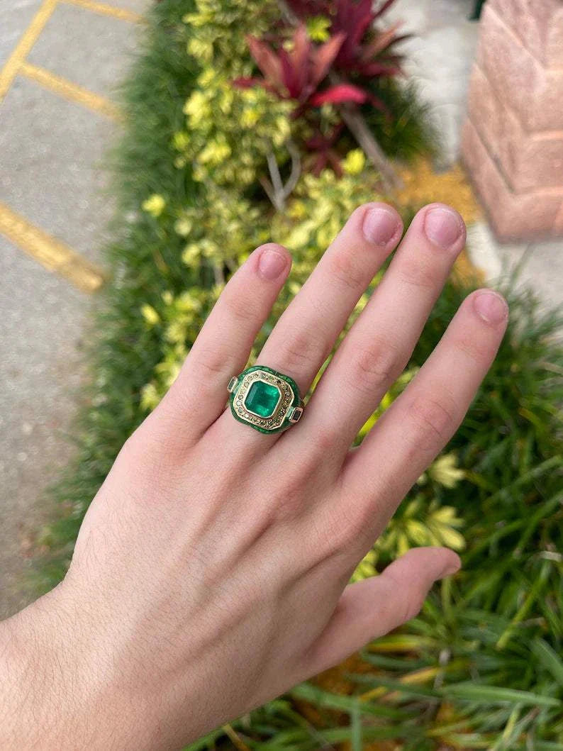 5.30tcw Colombian Emerald & Green Diamond Men's Enamel Ring Solid 14K