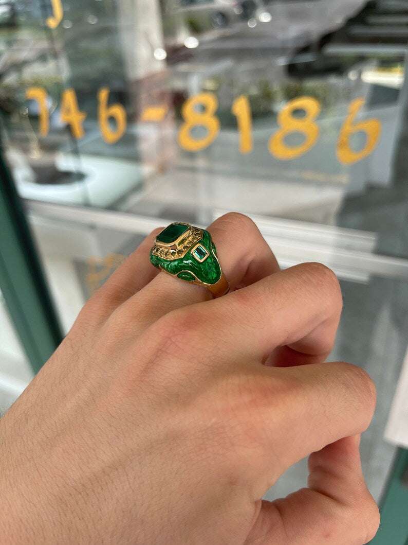 5.30tcw Colombian Emerald & Green Diamond Men's Enamel Ring Solid 14K