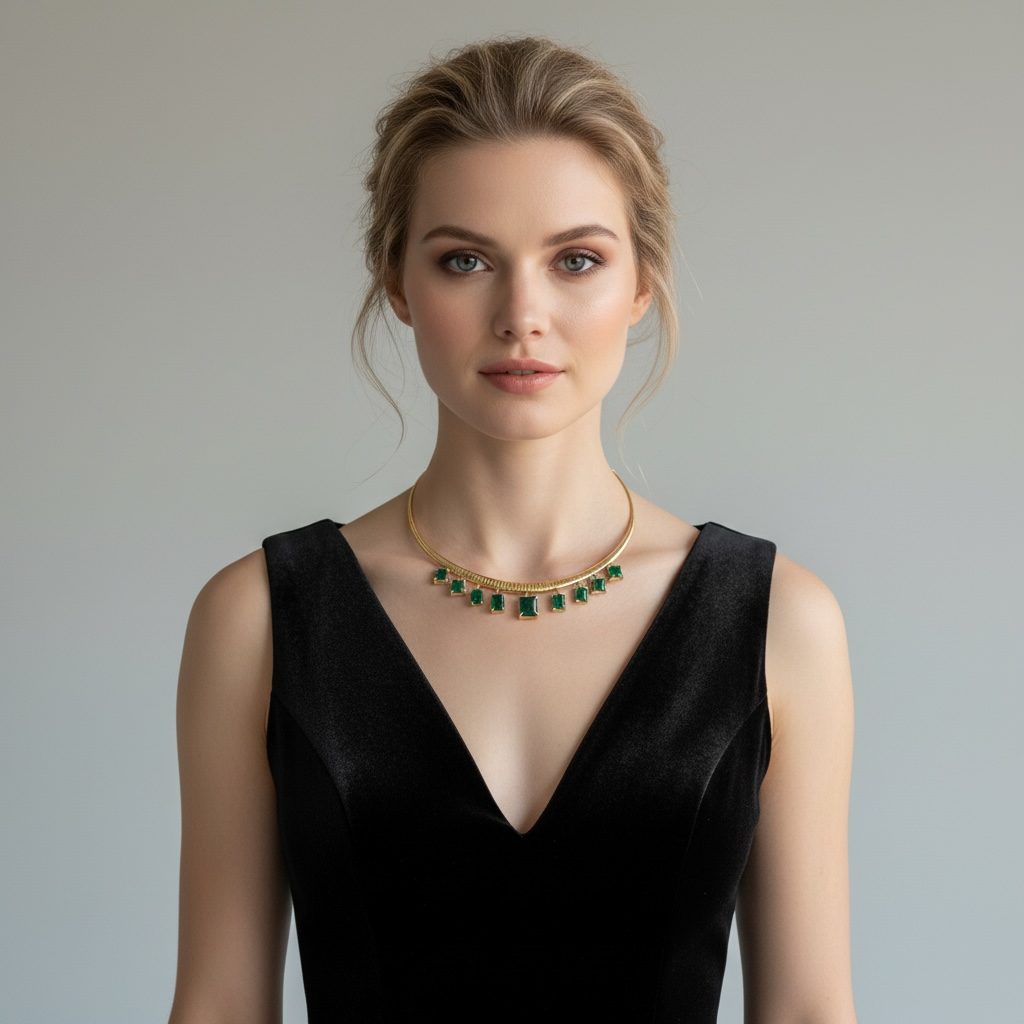 21.55tcw 14K Dark Green Multi-Emerald Statement Gold Omega Chain Necklace