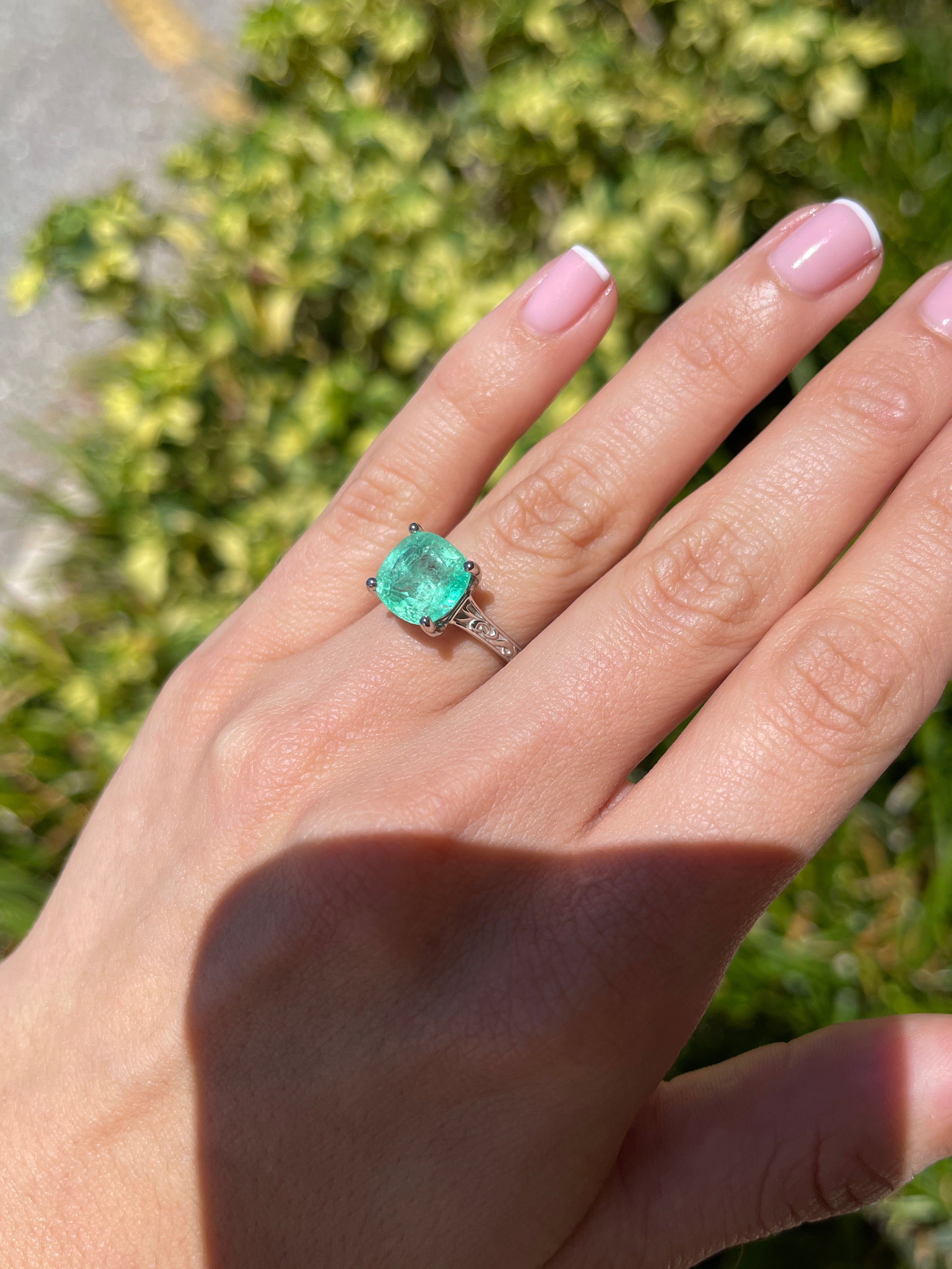 5.34ct Natural Colombian Emerald Seafoam Green Cushion Cut Emerald Right Hand Ring - JR Colombian Emeralds