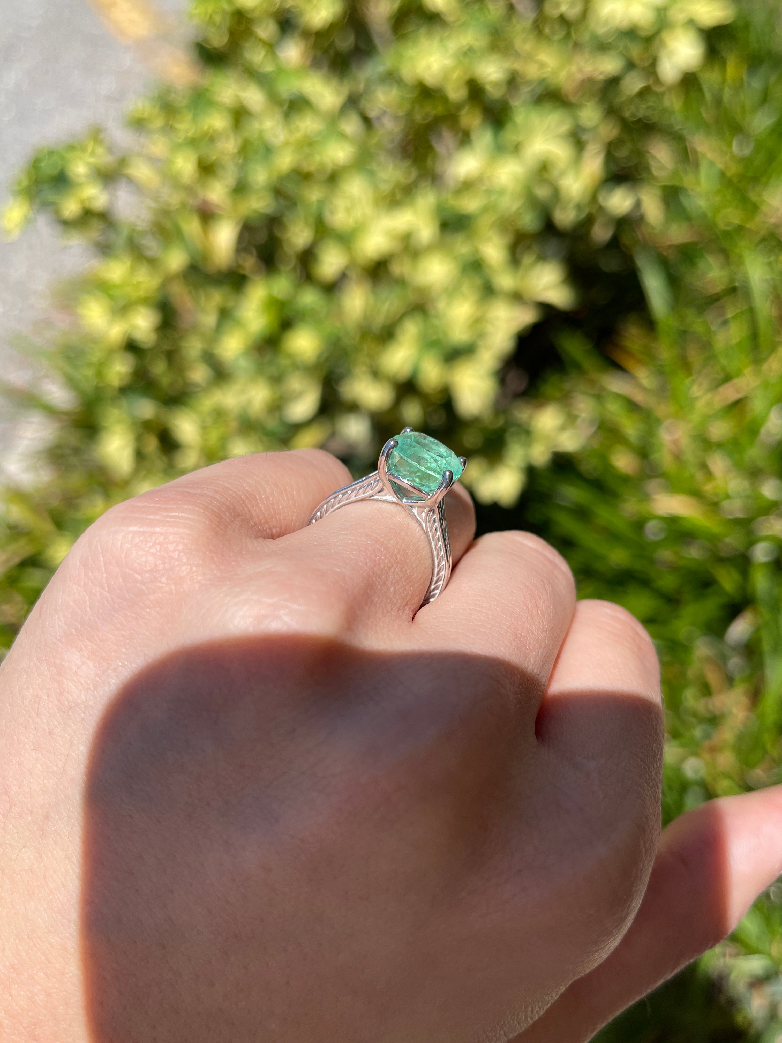 5.34ct Natural Colombian Emerald Seafoam Green Cushion Cut Emerald Right Hand Ring - JR Colombian Emeralds