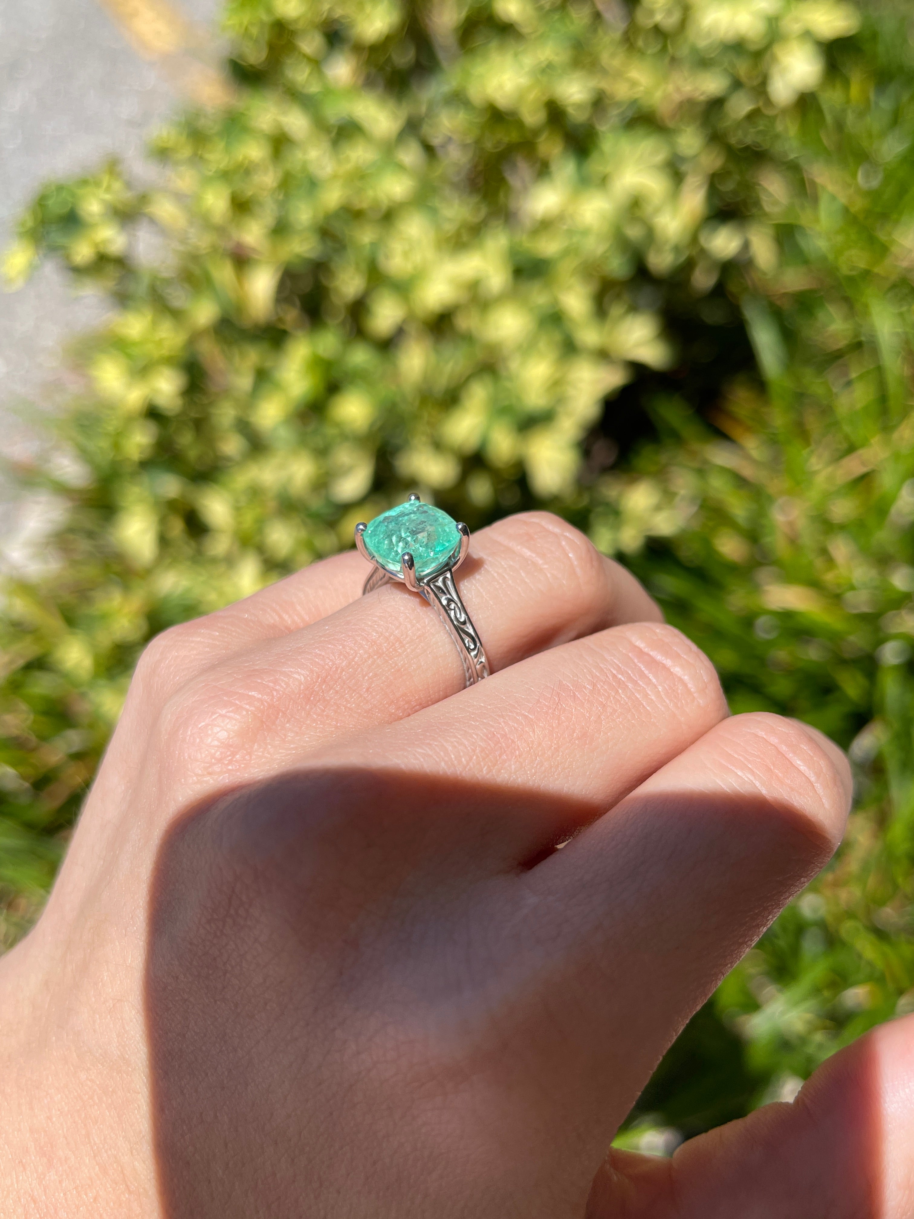 5.34ct Natural Colombian Emerald Seafoam Green Cushion Cut Emerald Right Hand Ring - JR Colombian Emeralds