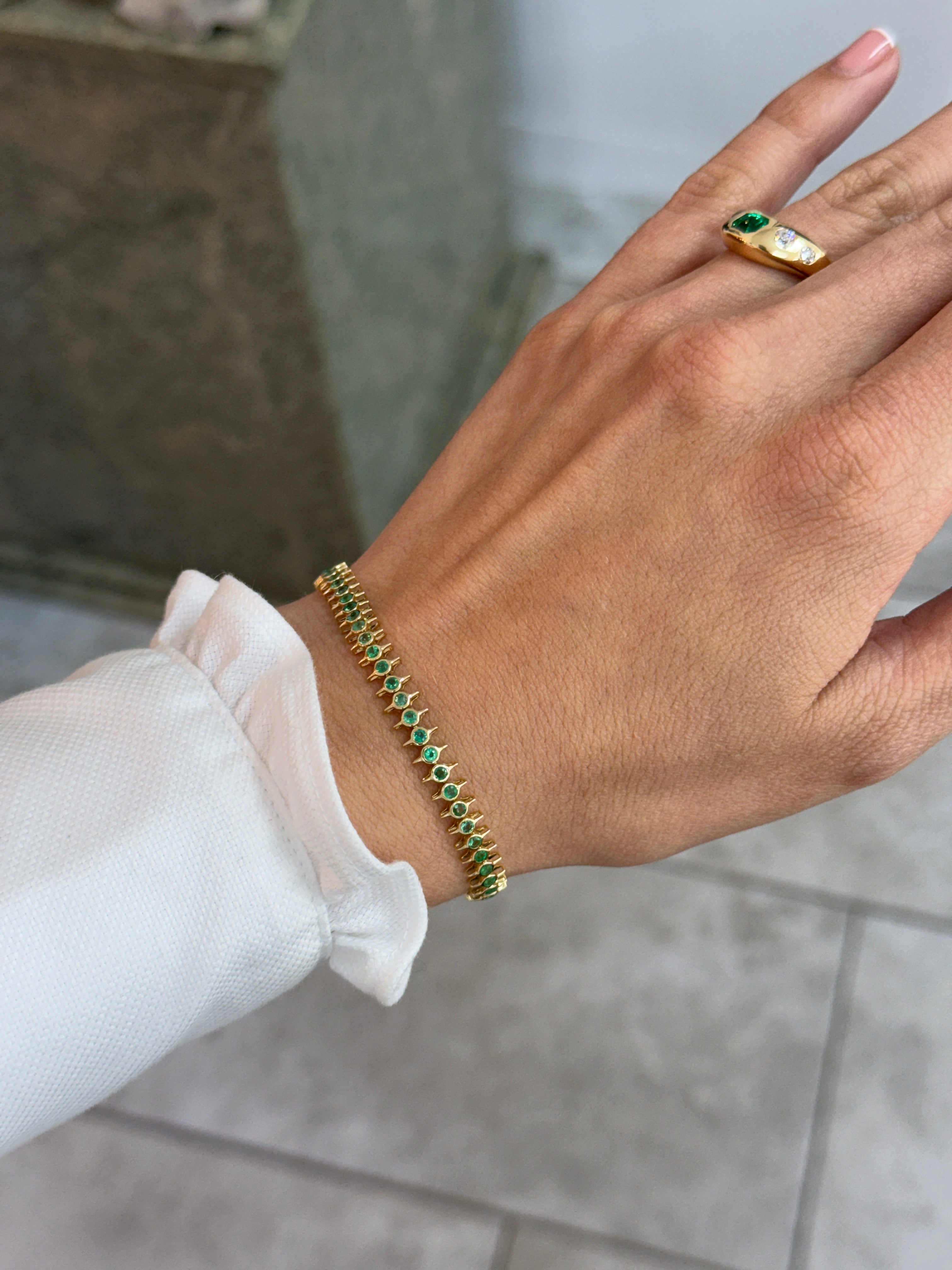 2.15tcw Edgy Bezel Set Emerald Tennis Bracelet 14K- 7 Inches