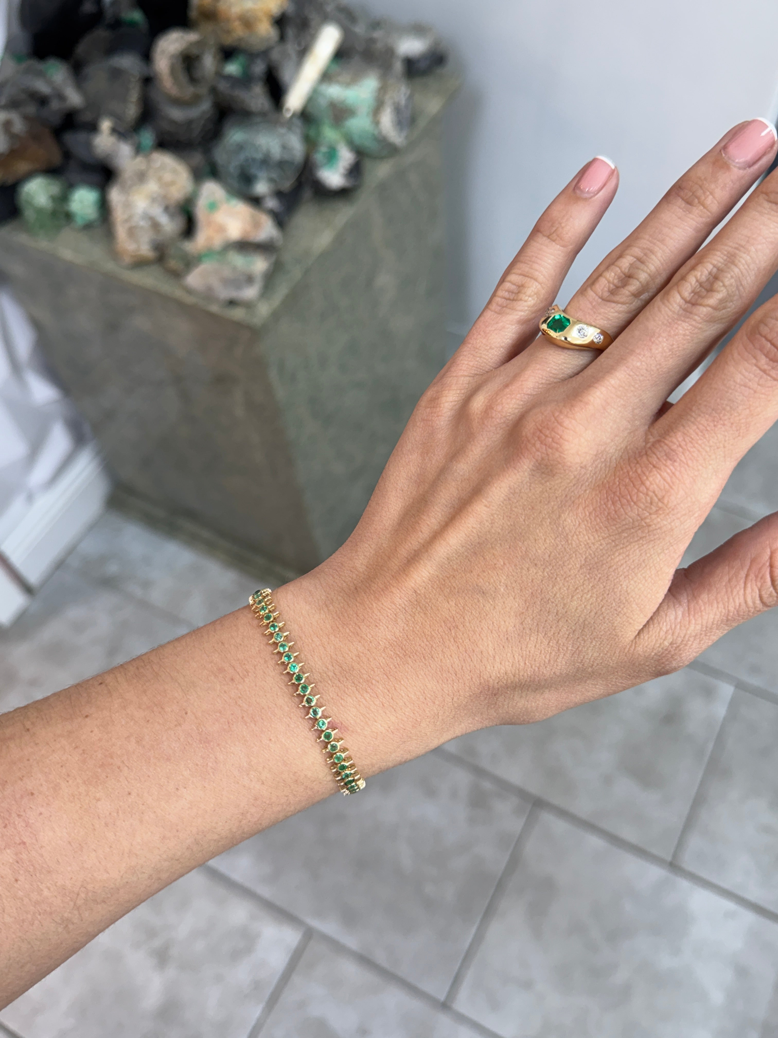 2.15tcw Edgy Bezel Set Emerald Tennis Bracelet 14K- 7 Inches