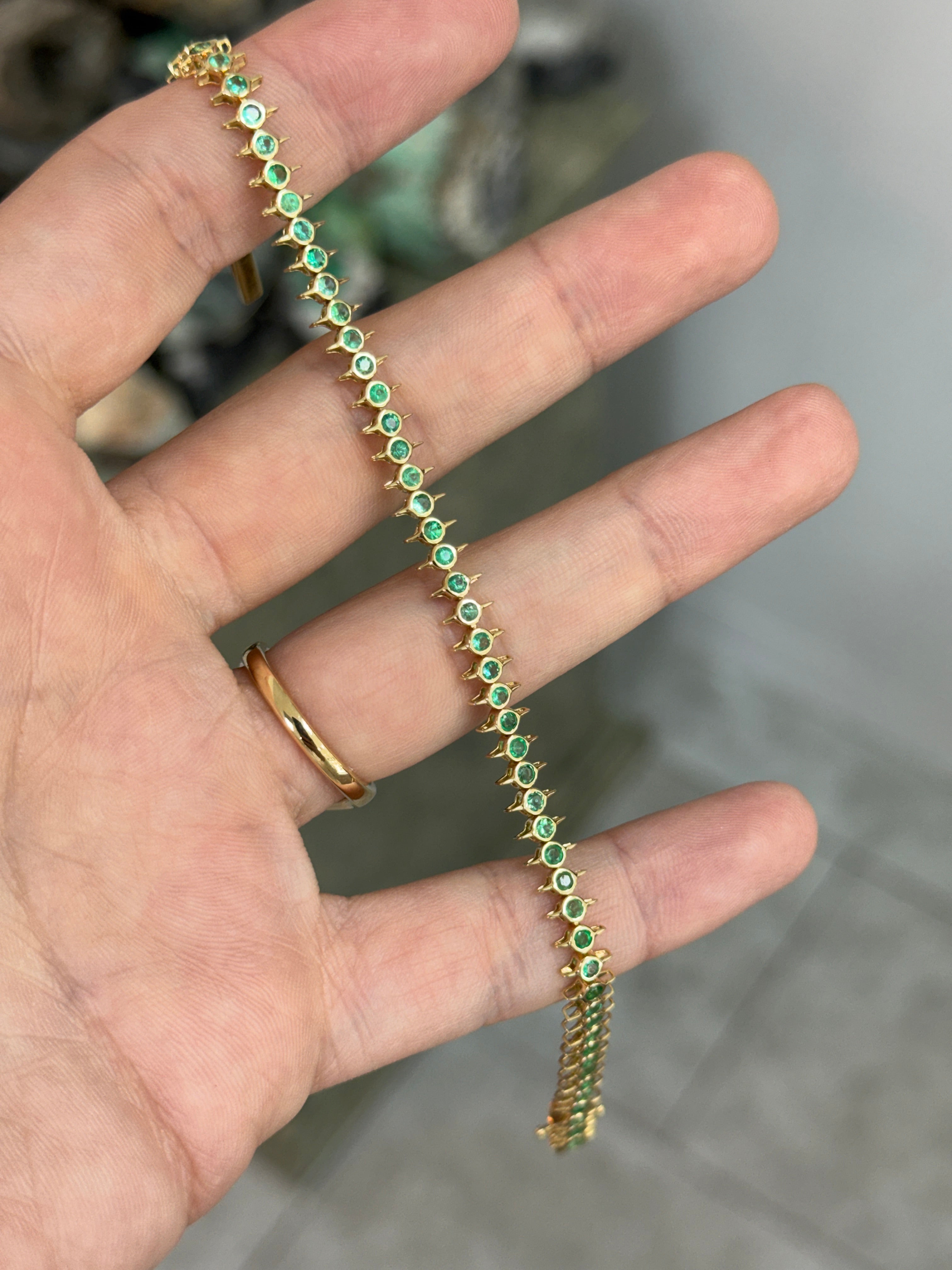2.15tcw Edgy Bezel Set Emerald Tennis Bracelet 14K- 7 Inches