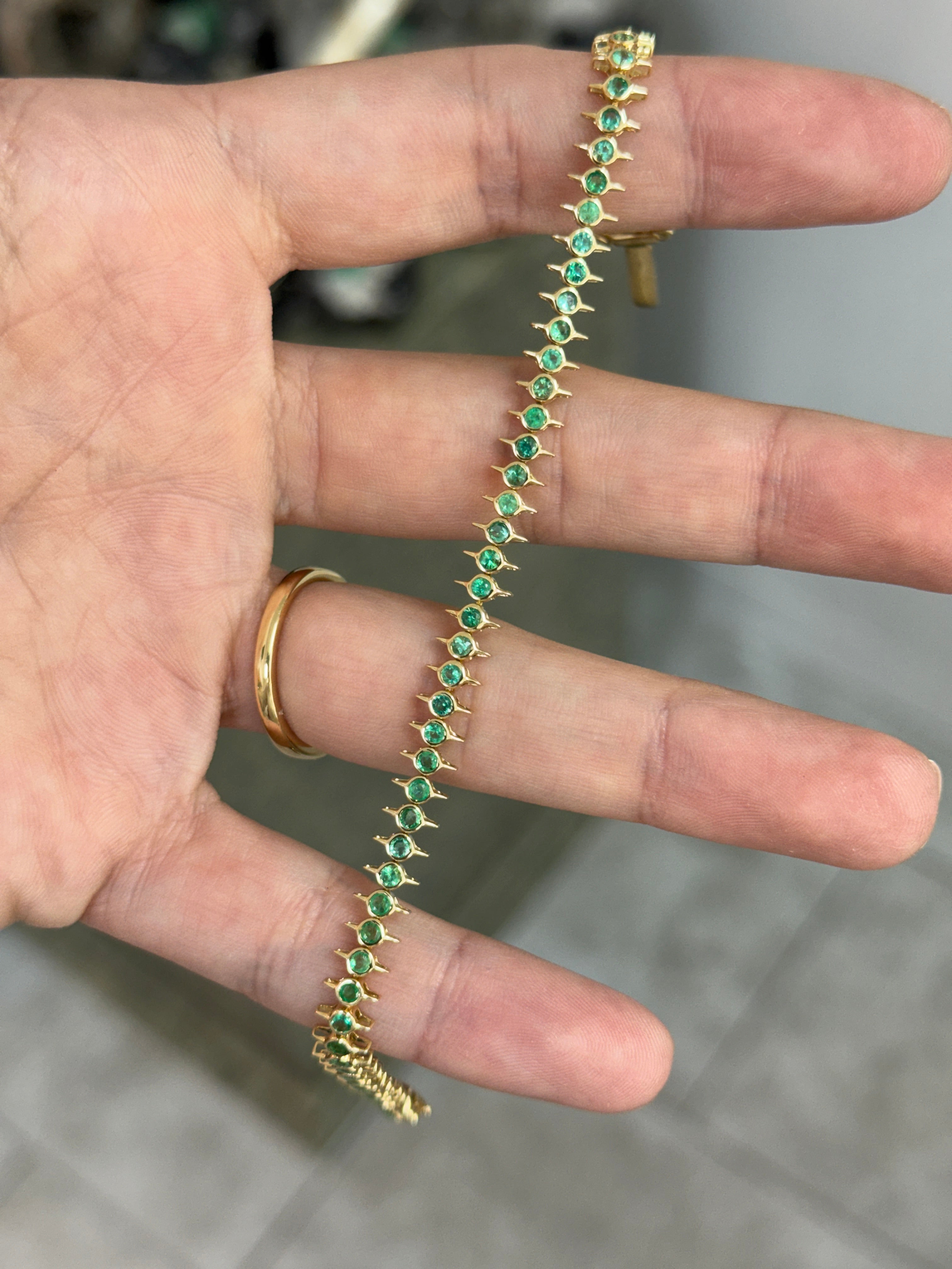 2.15tcw Edgy Bezel Set Emerald Tennis Bracelet 14K- 7 Inches