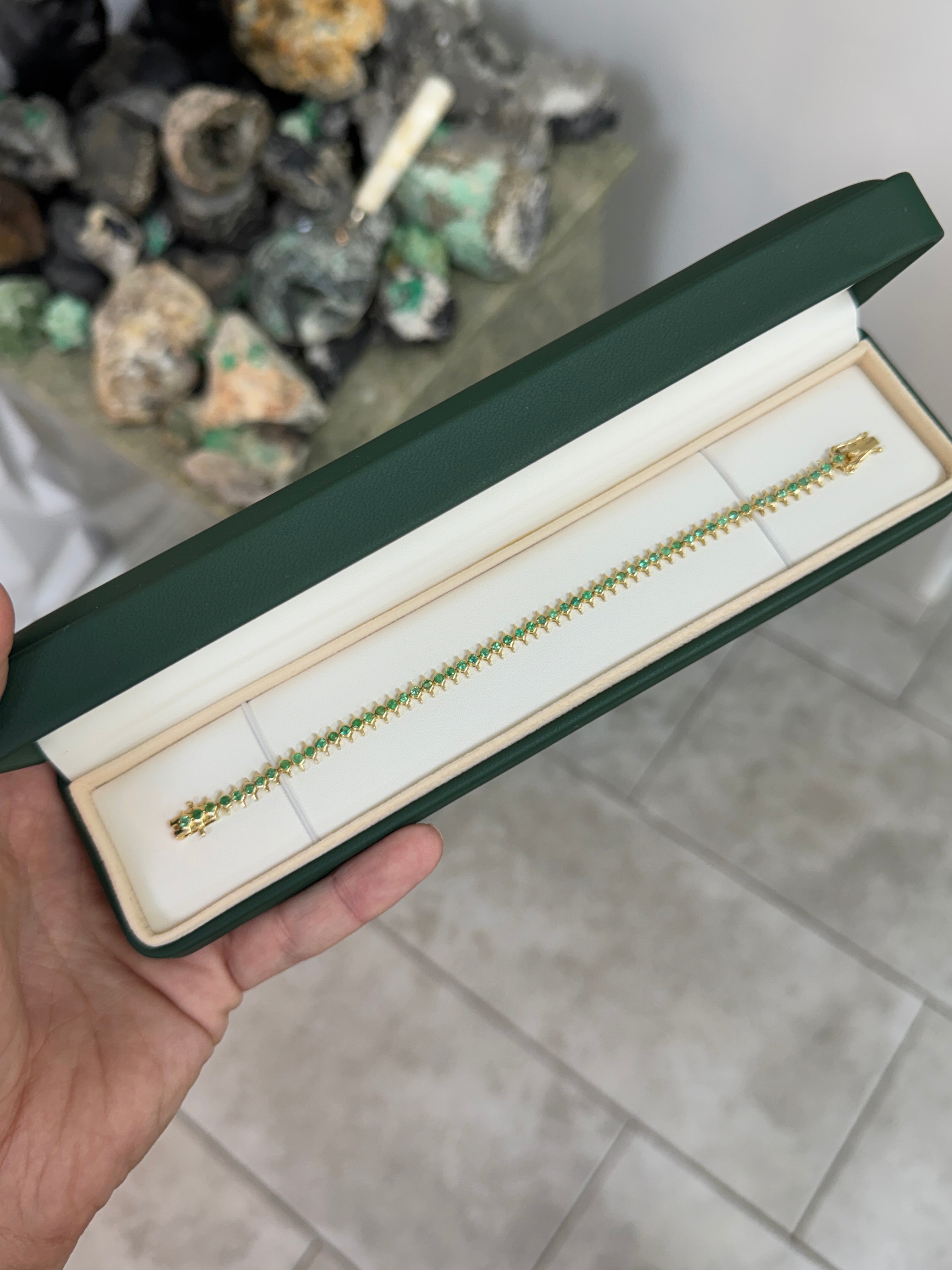 2.15tcw Edgy Bezel Set Emerald Tennis Bracelet 14K- 7 Inches