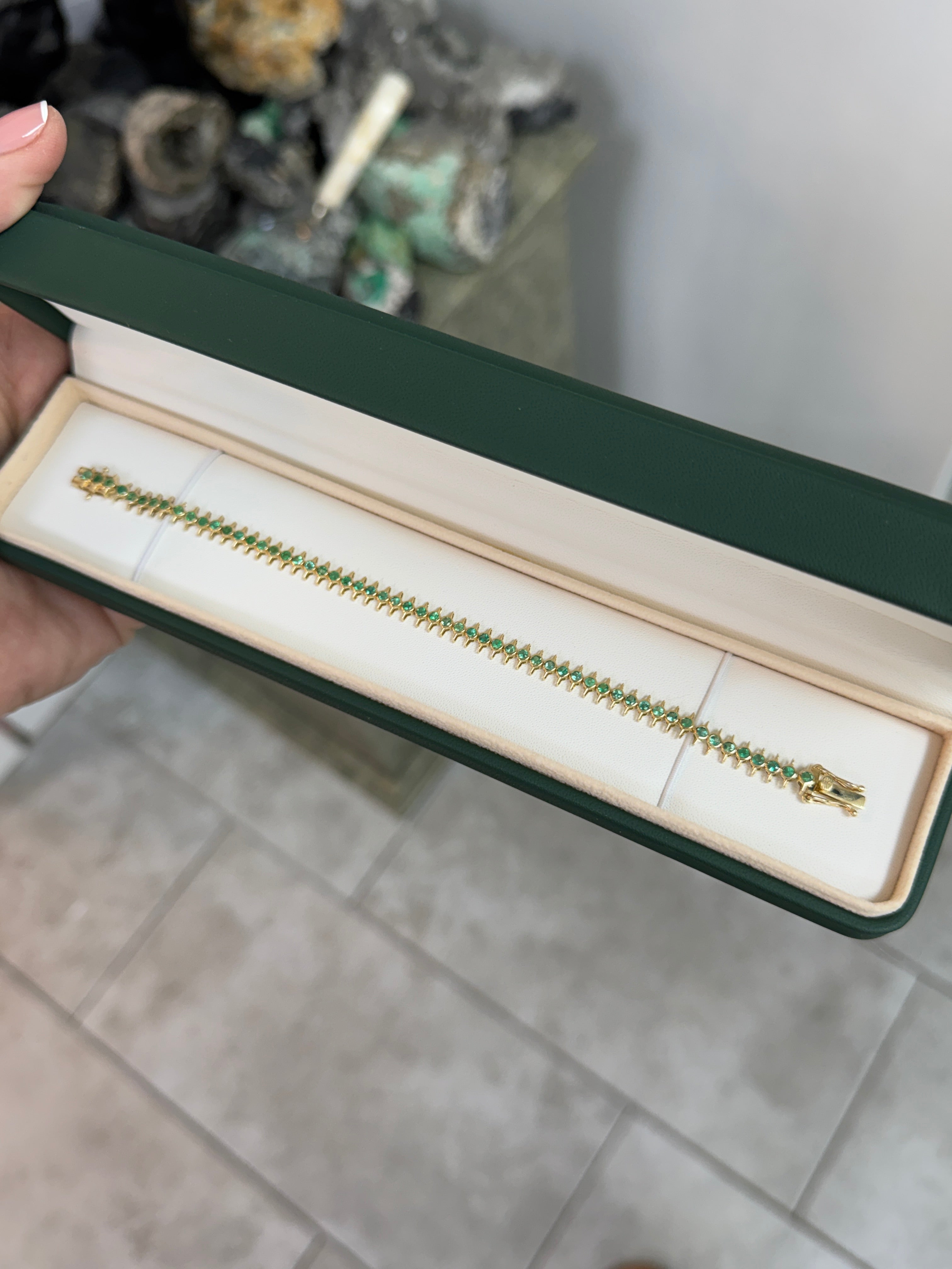 2.15tcw Edgy Bezel Set Emerald Tennis Bracelet 14K- 7 Inches