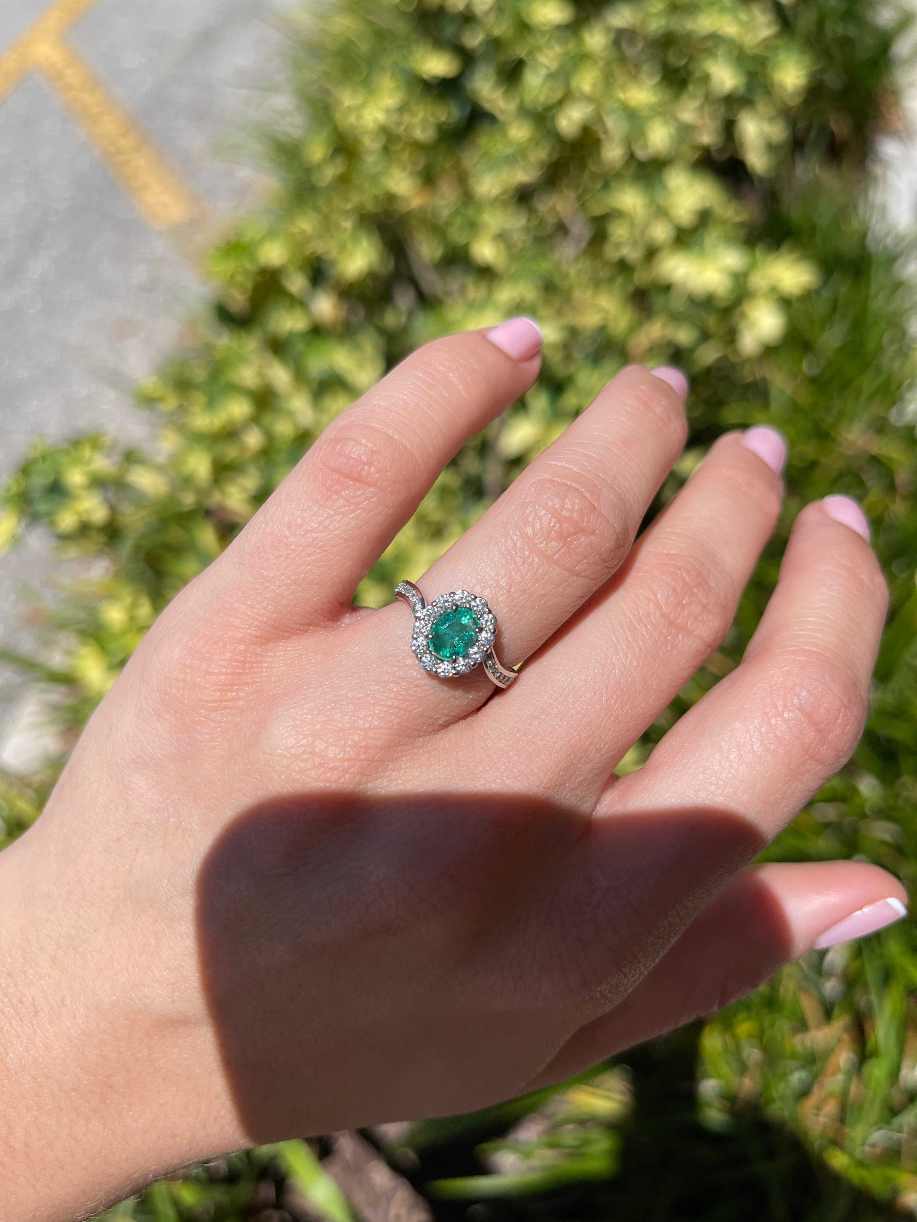 1.41tcw 14K Natural Oval Emerald & Diamond Halo Shank Engagement Ring - JR Colombian Emeralds