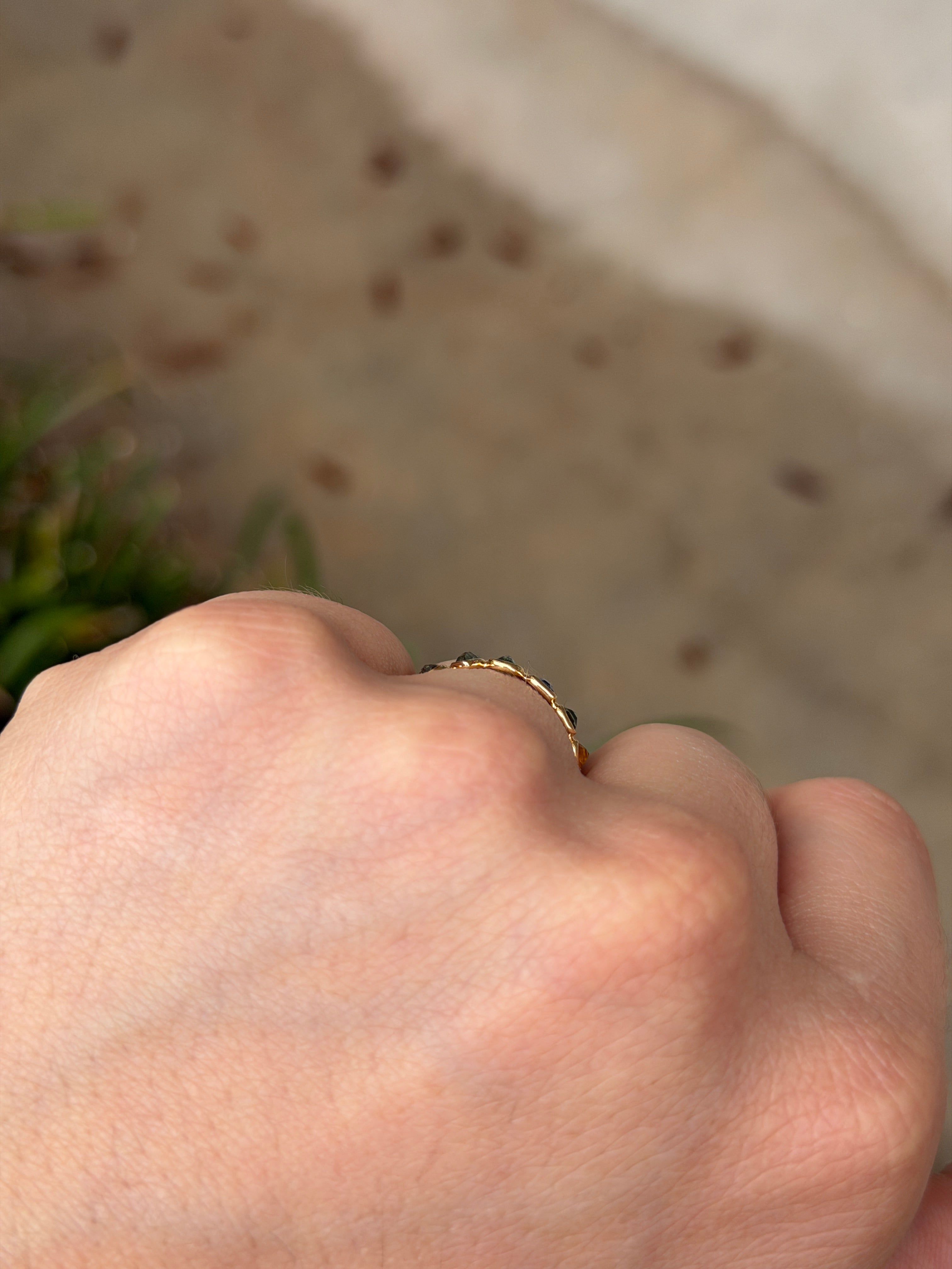 18K gold rainbow sapphire eternity band with pastel sapphires, low profile, size 6.5, by JR Colombian Emeralds.