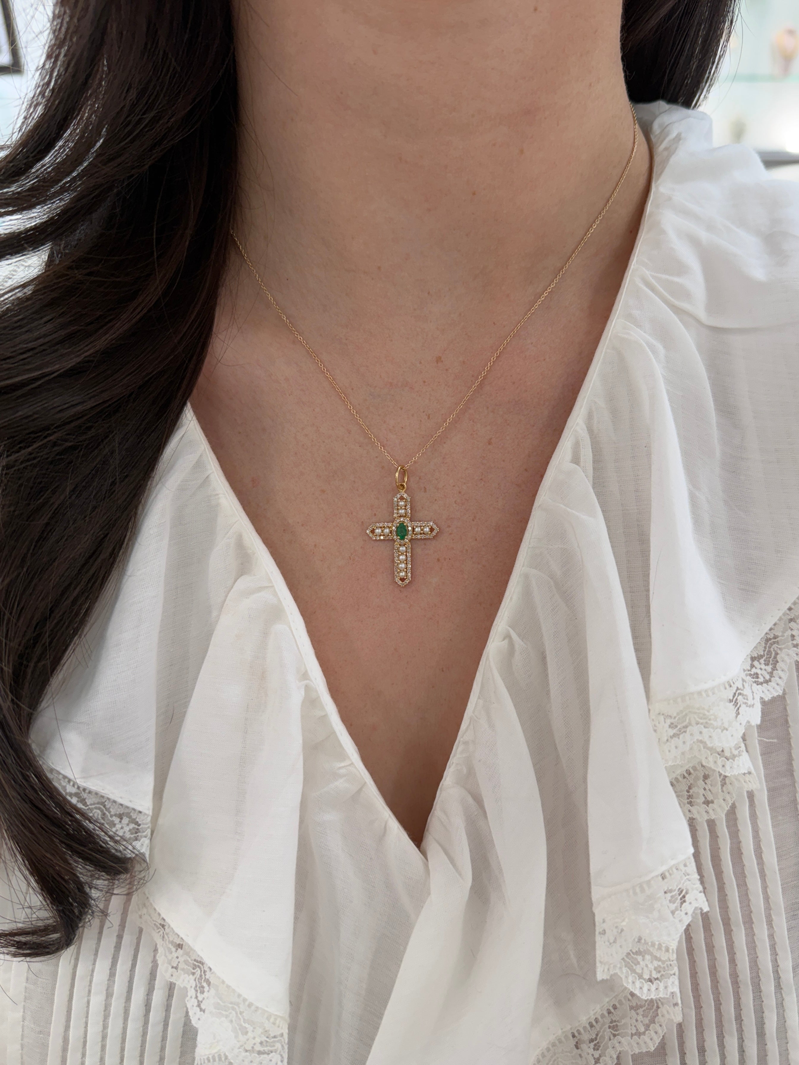 14K gold Regal cross pendant with 1.54tcw emerald, diamond, and pearl accents from JR Colombian Emeralds.