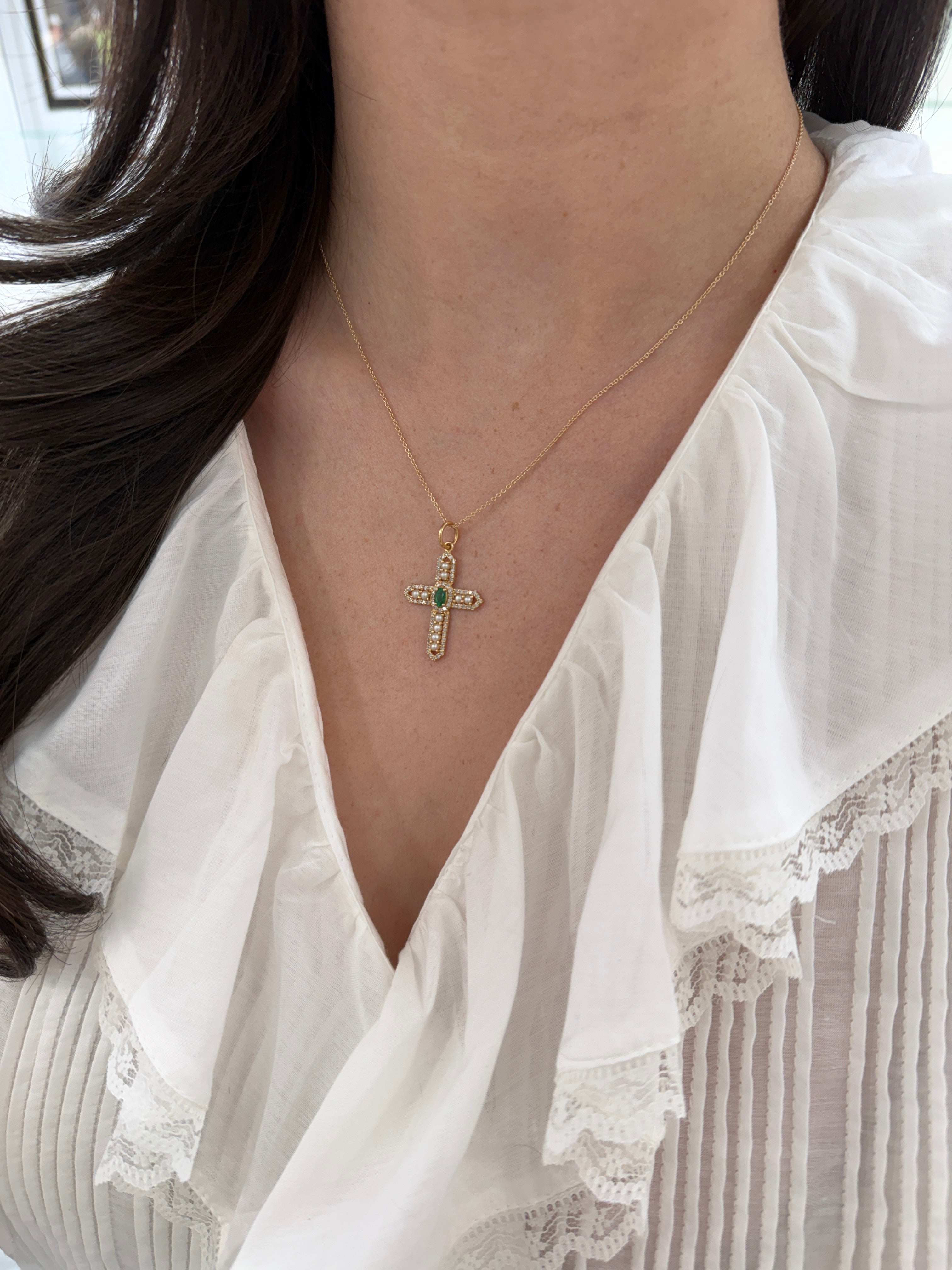 14K gold cross pendant with 1.54tcw natural emerald, diamonds, and pearls from JR Colombian Emeralds, featuring intricate design.