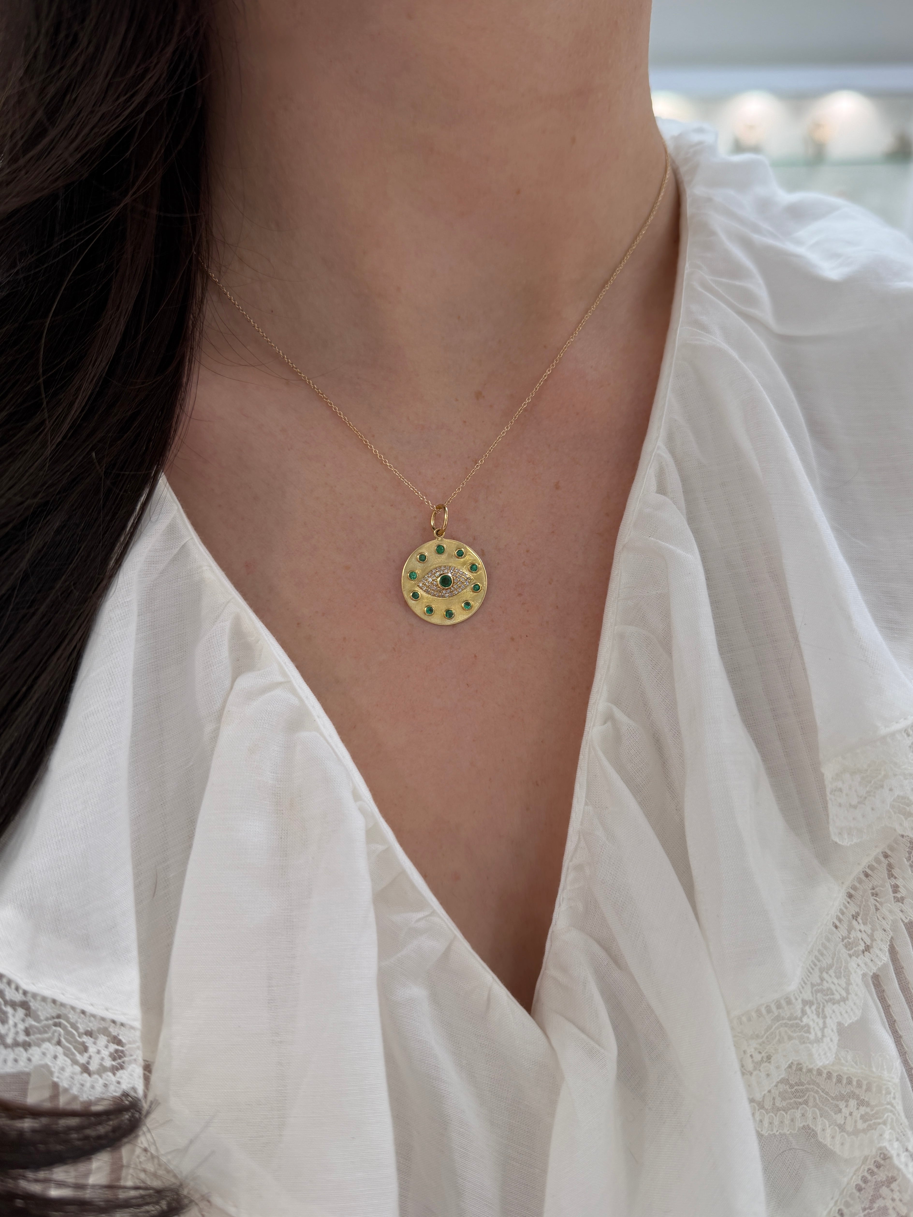 14K natural emerald and diamond evil eye charm pendant with protection symbol, featuring a JR Colombian Emeralds design.