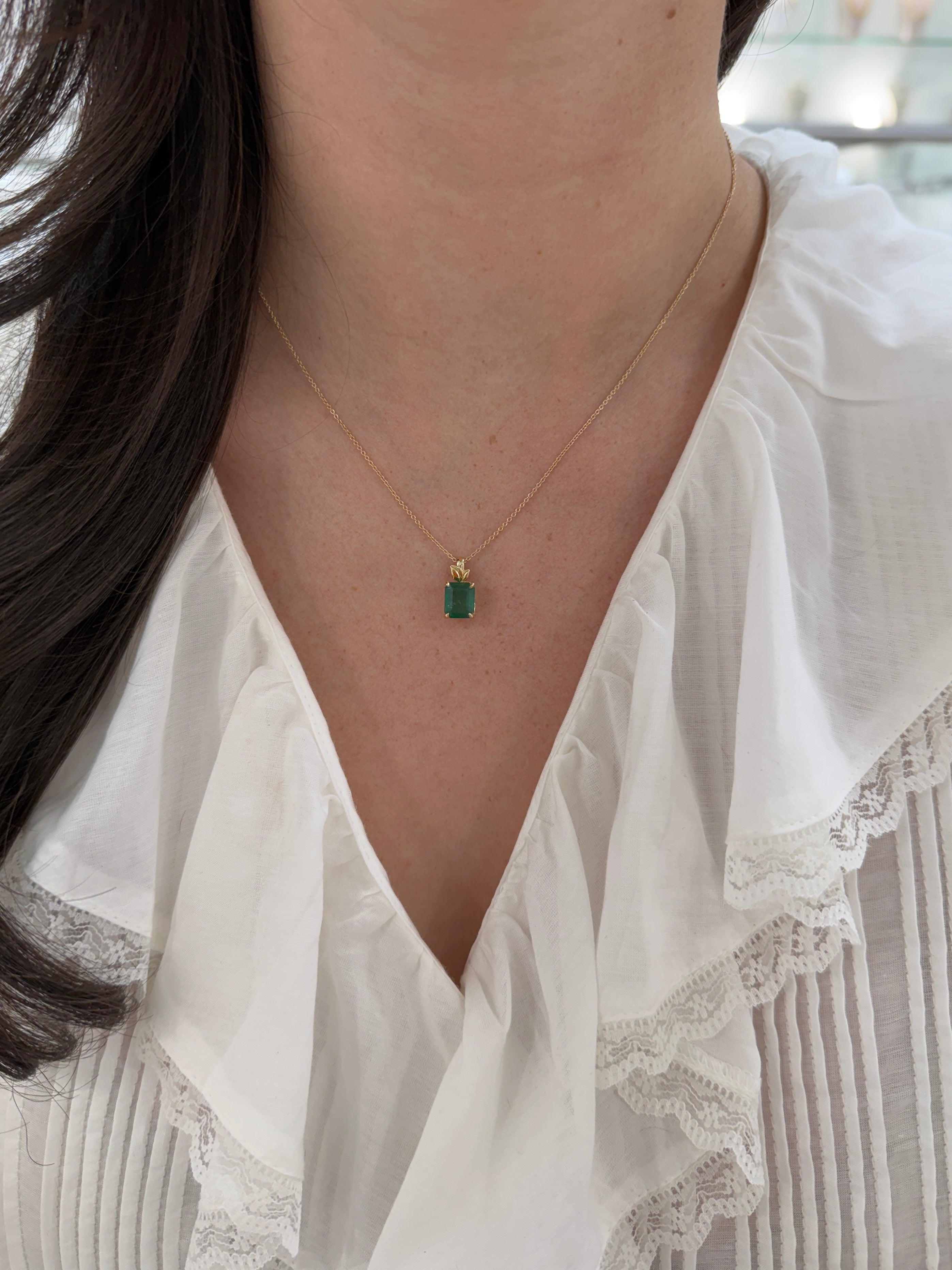 Emerald cut emerald pendant with leaf design and 14K gold bail, natural-inspired emerald necklace by JR Colombian Emeralds