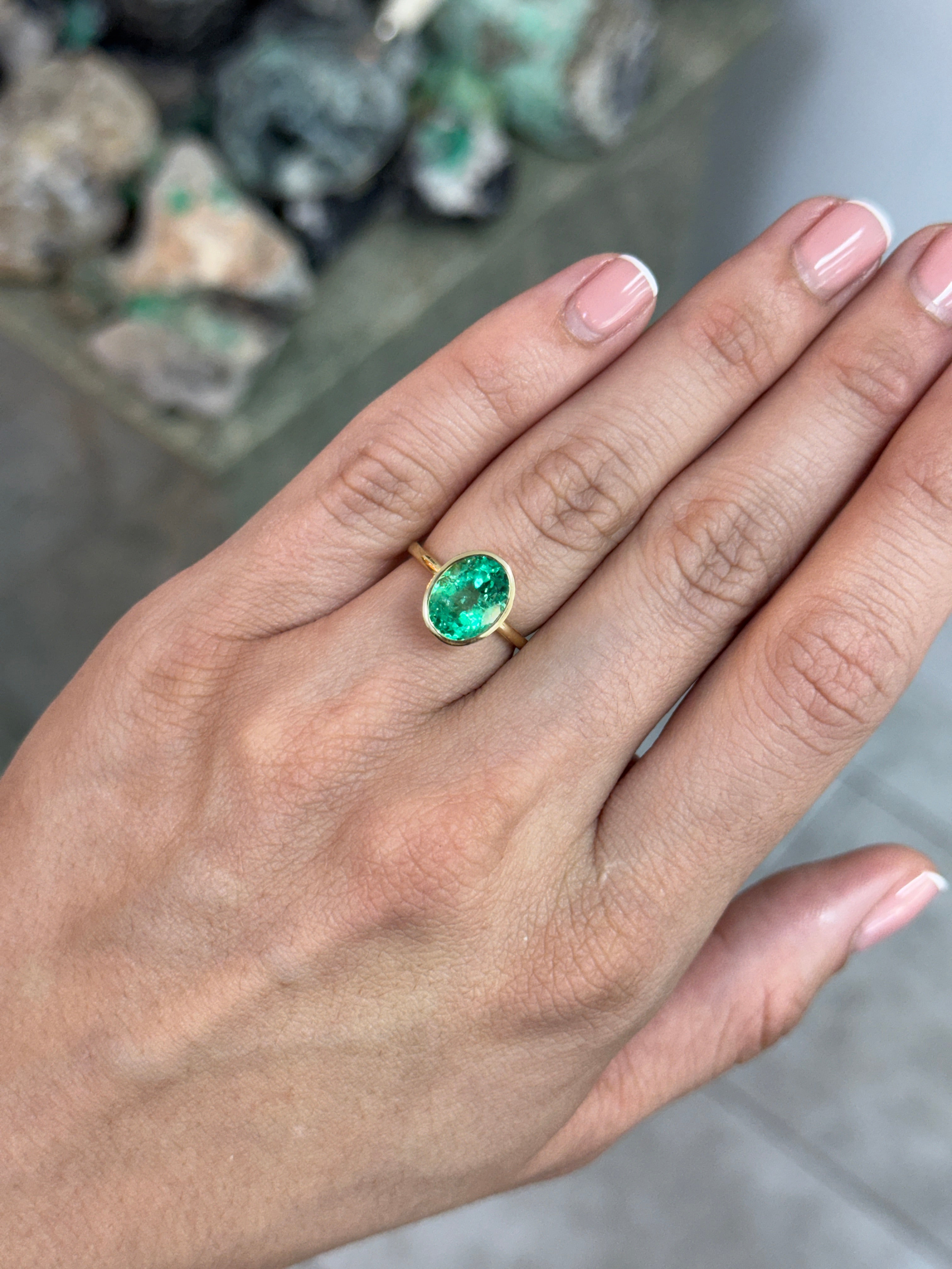 3.15cts 14K Bezel Set Oval Emerald Solitaire Engagement Ring
