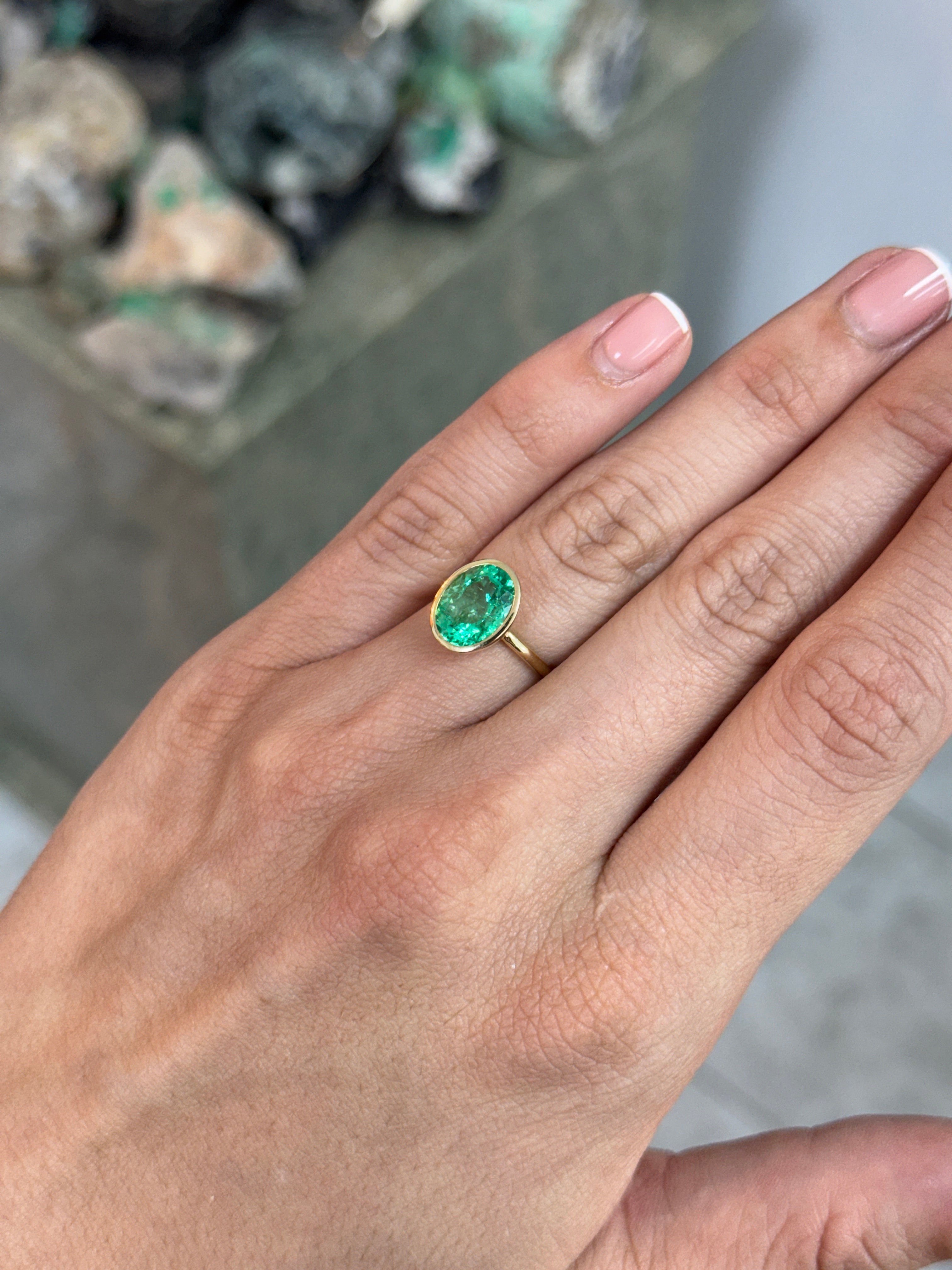 3.15cts 14K Bezel Set Oval Emerald Solitaire Engagement Ring