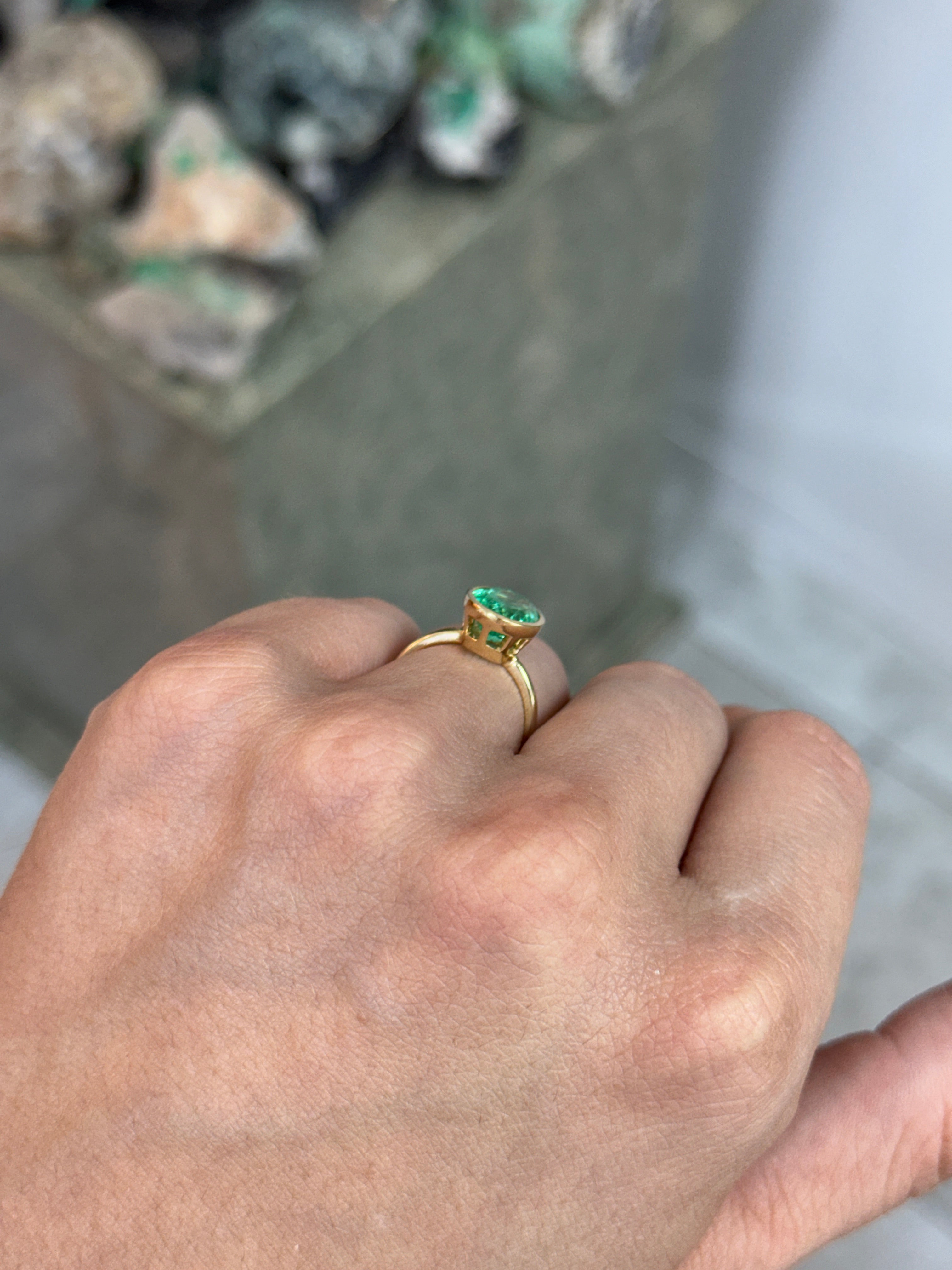3.15cts 14K Bezel Set Oval Emerald Solitaire Engagement Ring