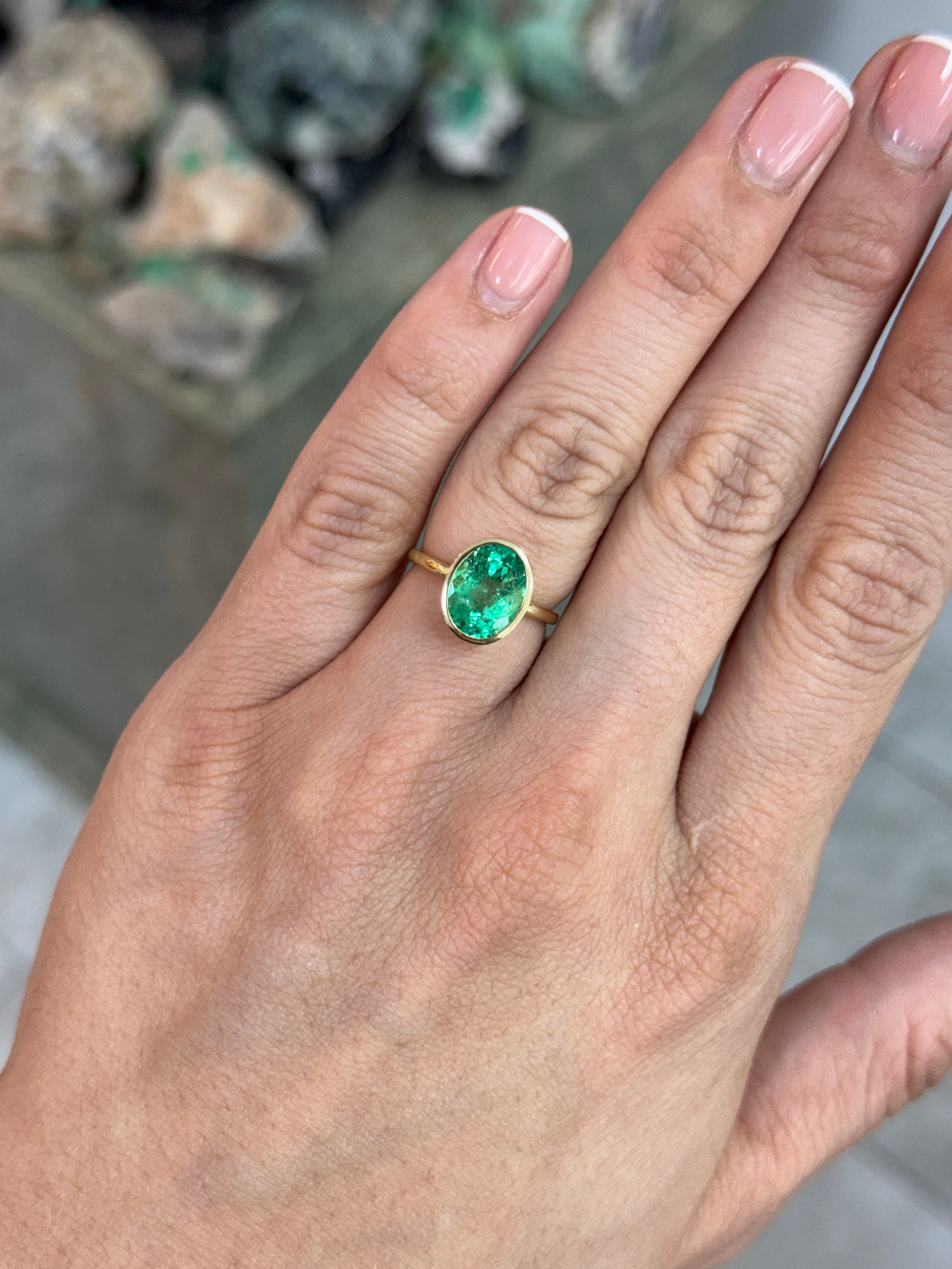 3.15cts 14K Bezel Set Oval Emerald Solitaire Engagement Ring