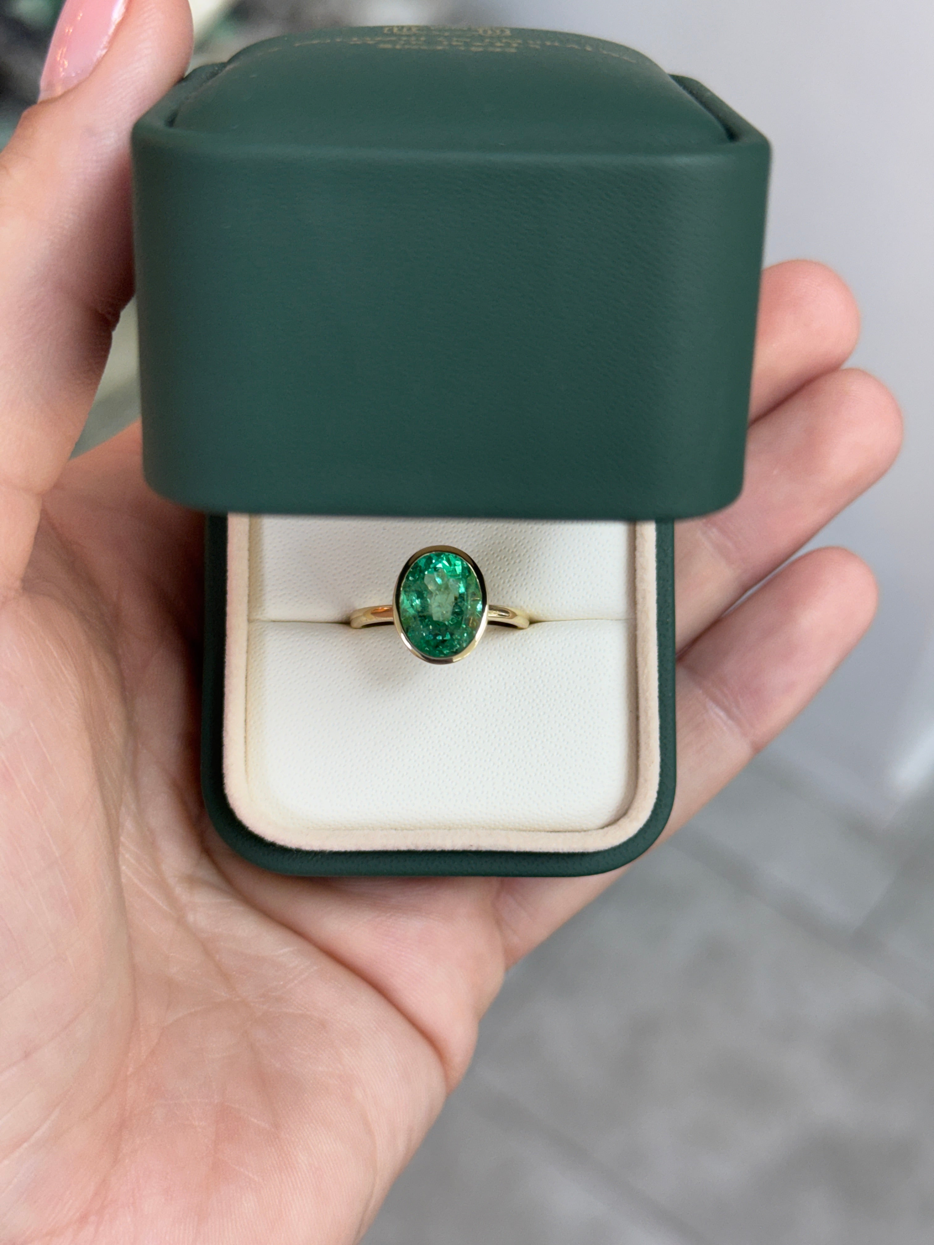 3.15cts 14K Bezel Set Oval Emerald Solitaire Engagement Ring