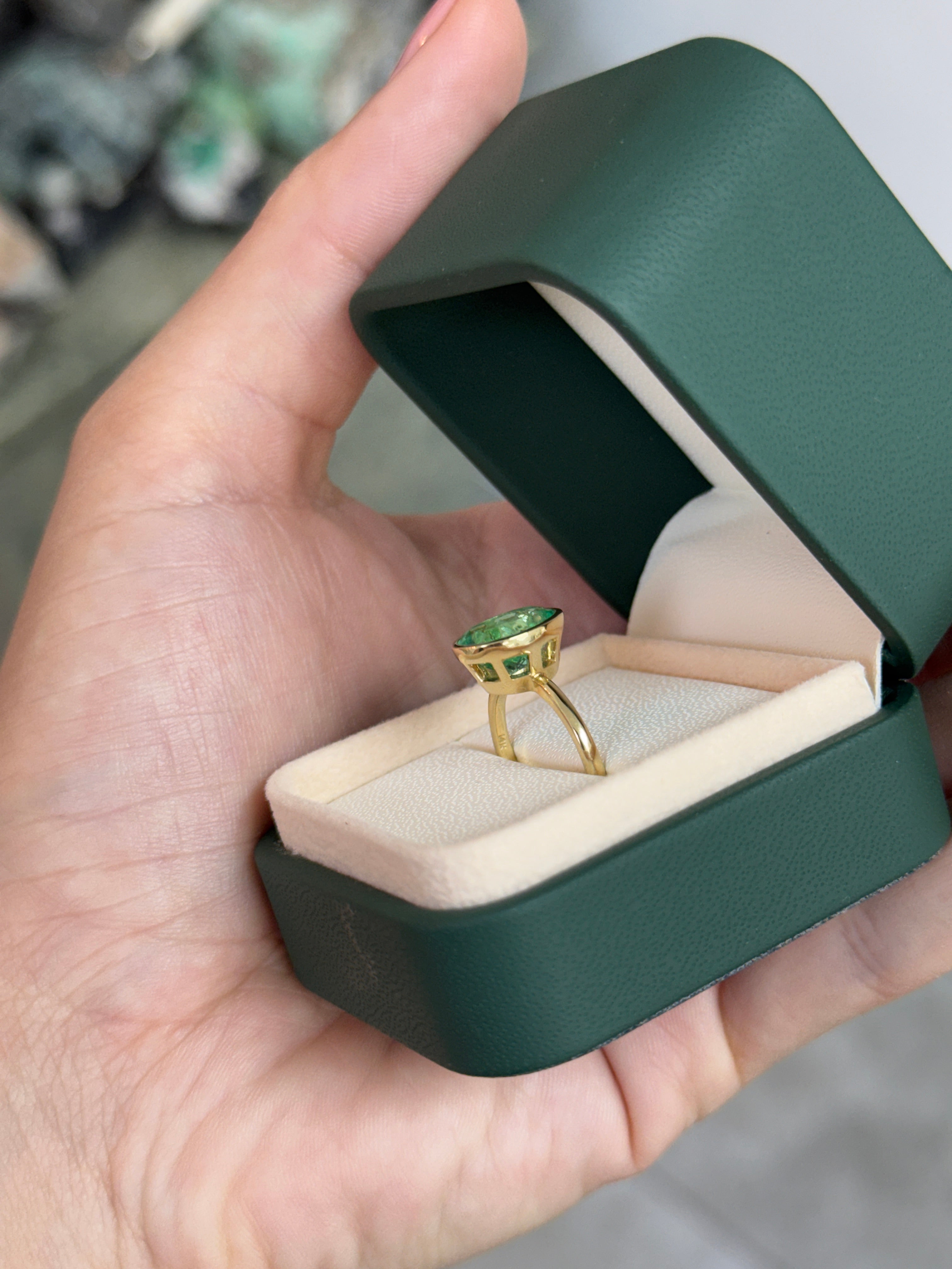 3.15cts 14K Bezel Set Oval Emerald Solitaire Engagement Ring