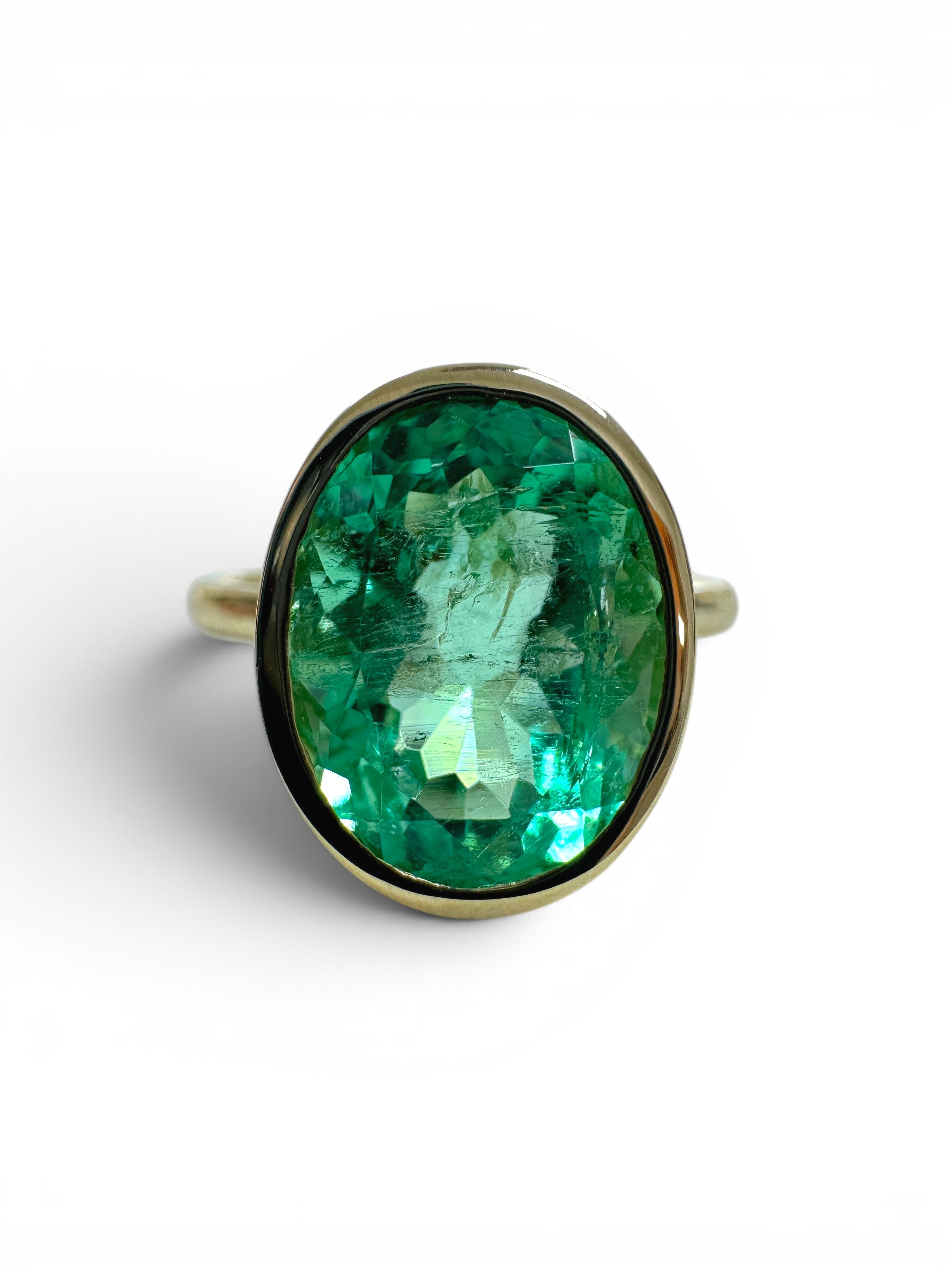 3.15cts 14K Bezel Set Oval Emerald Solitaire Engagement Ring