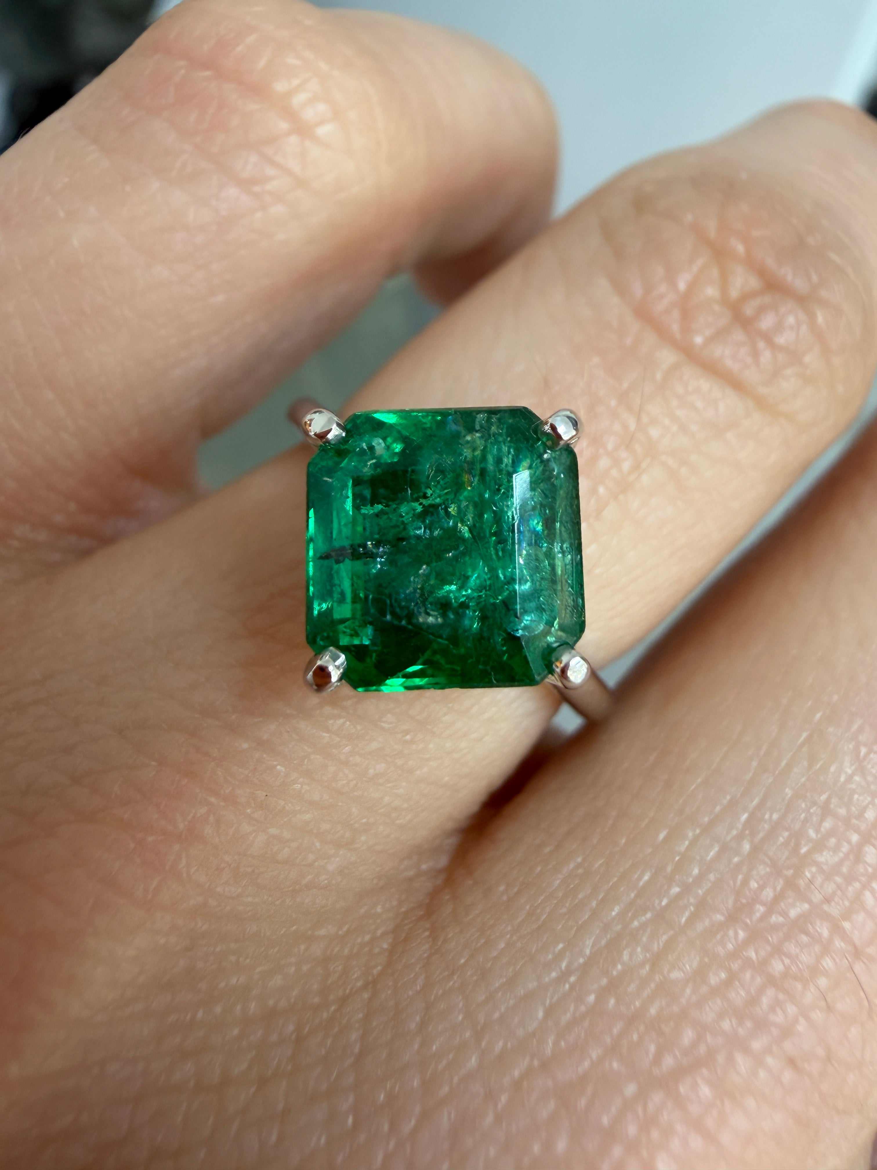 3.65tcw Freckled Asscher Cut Emerald Compass Set & Diamond Accent Prong Set Ring 14K White Gold