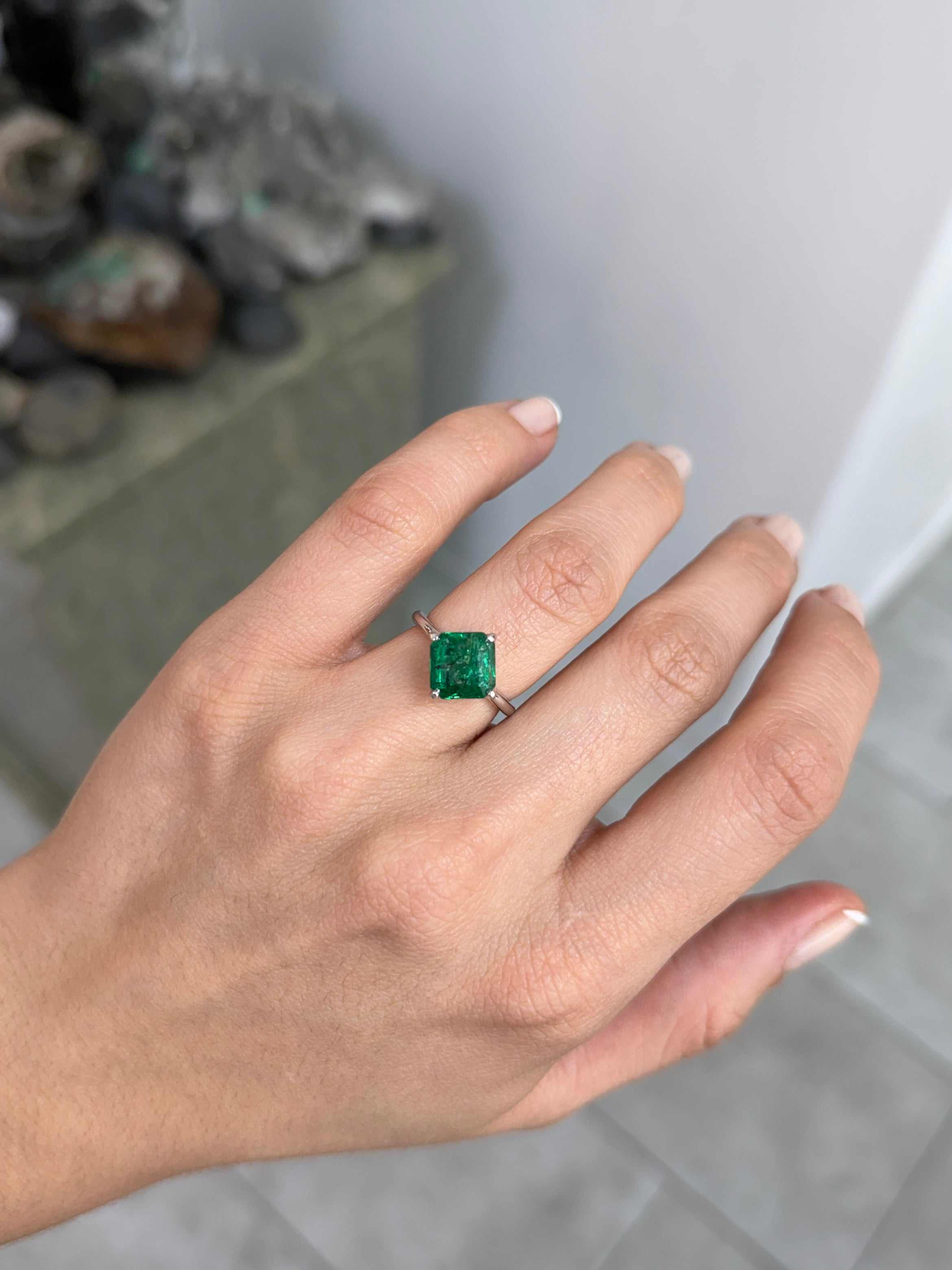 3.65tcw Freckled Asscher Cut Emerald Compass Set & Diamond Accent Prong Set Ring 14K White Gold